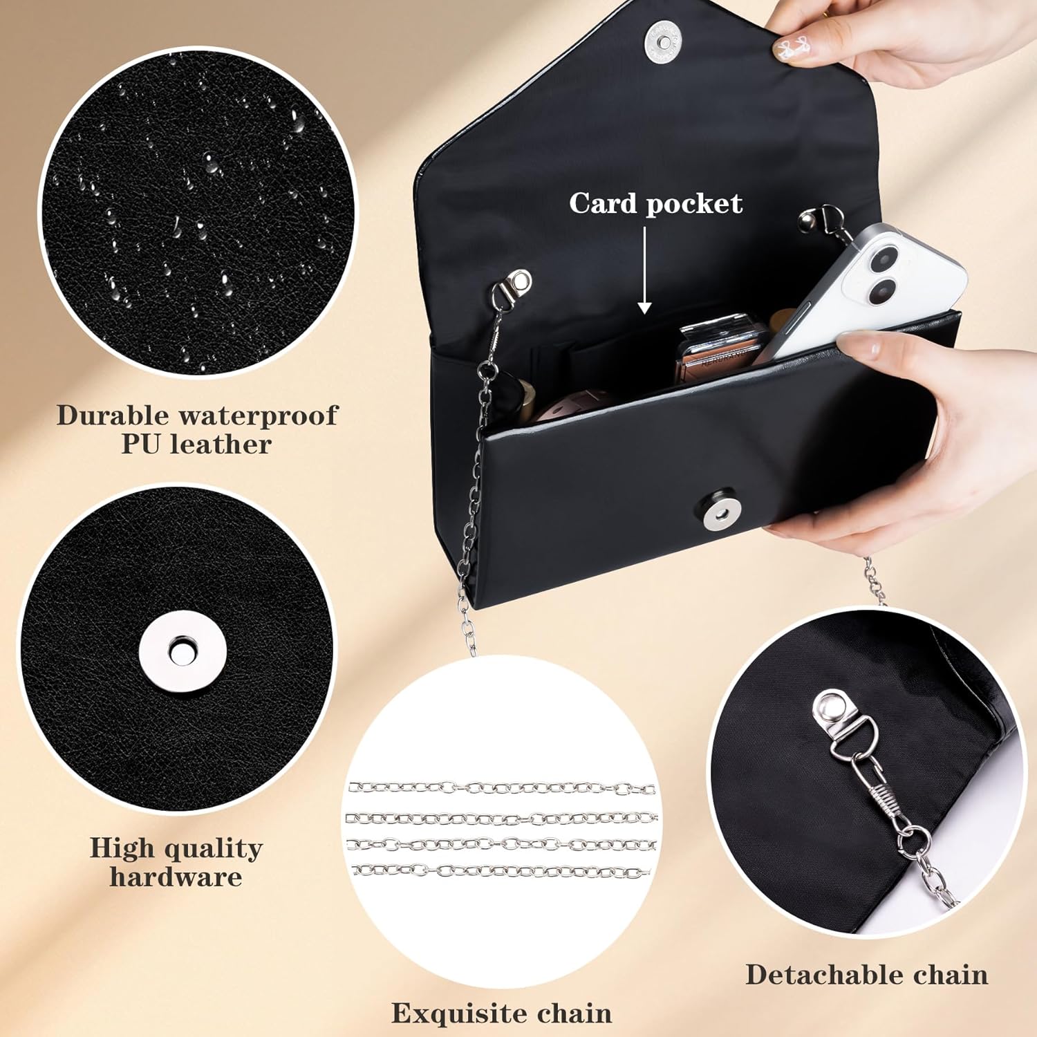Larcenciel Envelope Clutch Purse for Women, Vegan Leather Evening Bag with Chain Strap, Wedding Cocktail Party Formal Handbag - Image 4