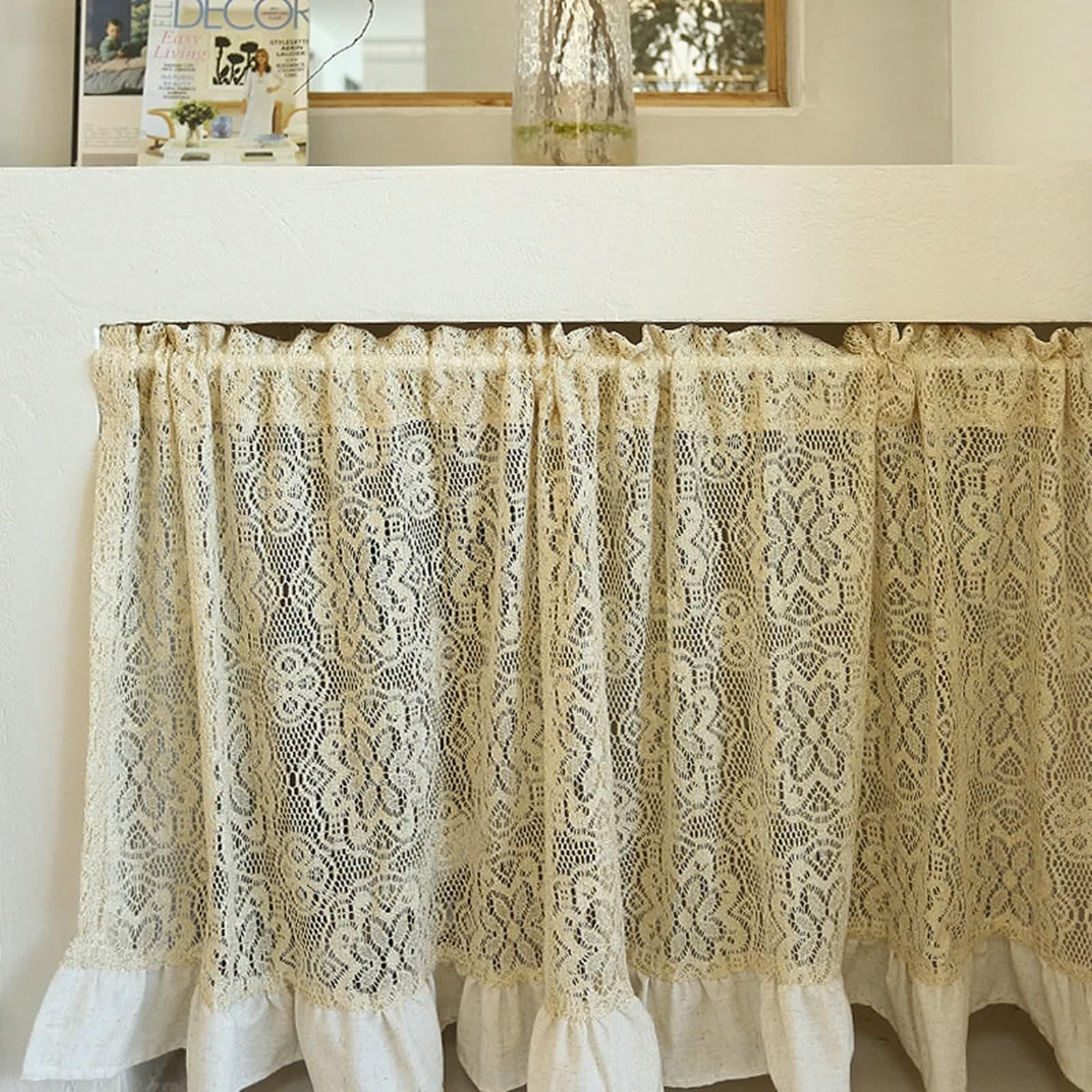Zazdrostki do sypialni, krótkie zasłony do salonu, beżowe, złote, poliester, firanka bistro, z haftem ze złotymi liniami, 1 sztuka, szer. 140 x wys. 150 cm