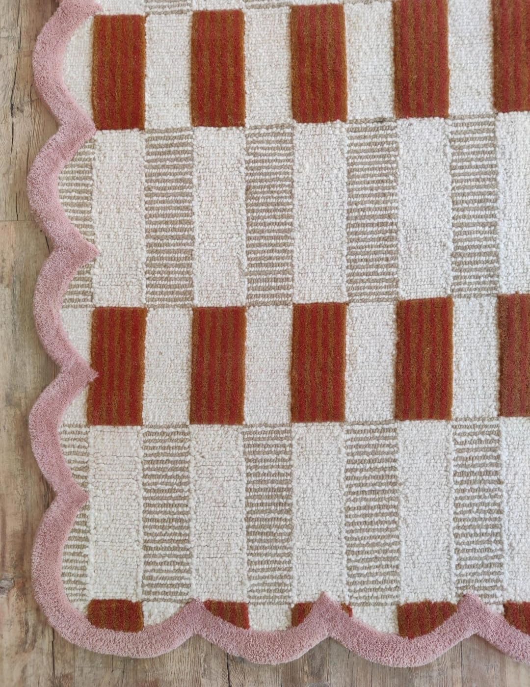 Tufted Area Rug, Checkered Pattern, Pink Scalloped Border, Rust and Beige Stripes, Textured Woven Design (270 * 270 cm)