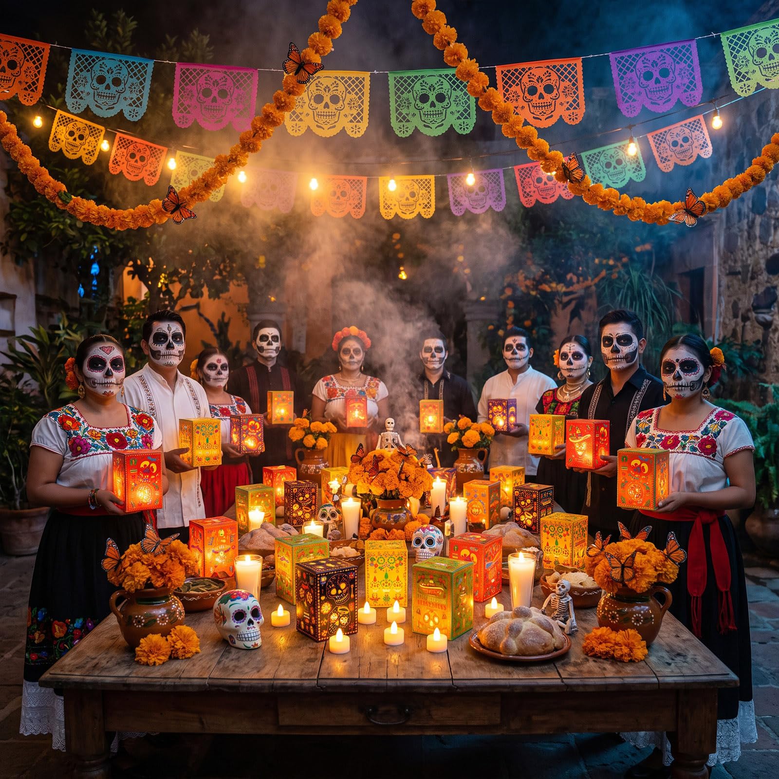 Tujoe Juego de 96 piezas de decoración del Día de los Muertos, con forma de calavera, portavelas con luces LED, caléndula artificial, mariposa monarca para decoración al aire libre de altar de Ofrenda