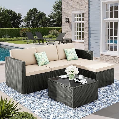 All Weather PE Rattan Wicker Sectional Sofa 5 Piece Outdoor
