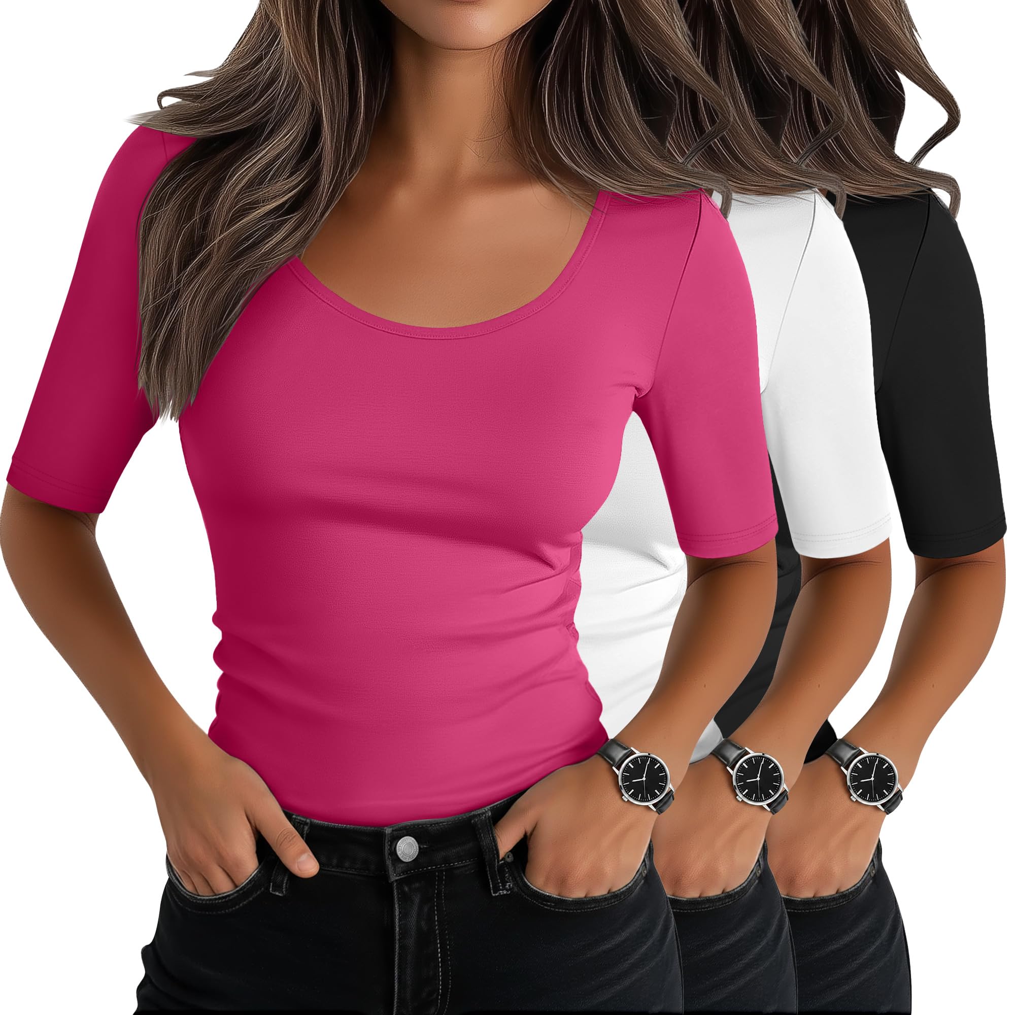 Neer 3er Pack Damen Tops Rundhalsausschnitt Halbe Ärmel Stretch Baumwollmischung Slim Fit Basic Sommer T-Shirts