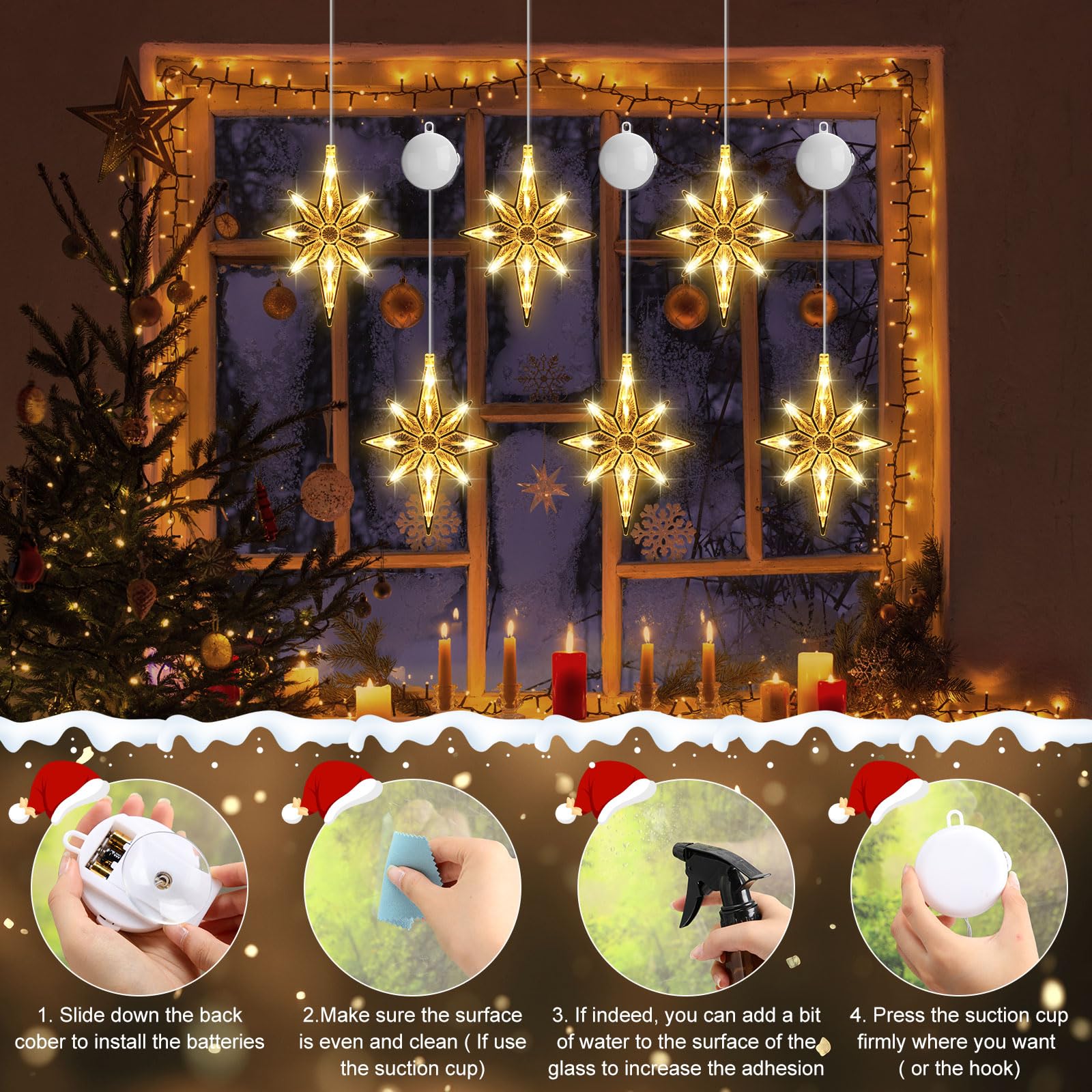 Tujoe 12 Stück Weihnachts-Fensterlichter, Dekorationen, beleuchtete Fenster-Silhouettenlichter mit Timer, Saugnapf, batteriebetrieben für Weihnachten, Urlaub, Neujahr, Innen- und Außenbereich