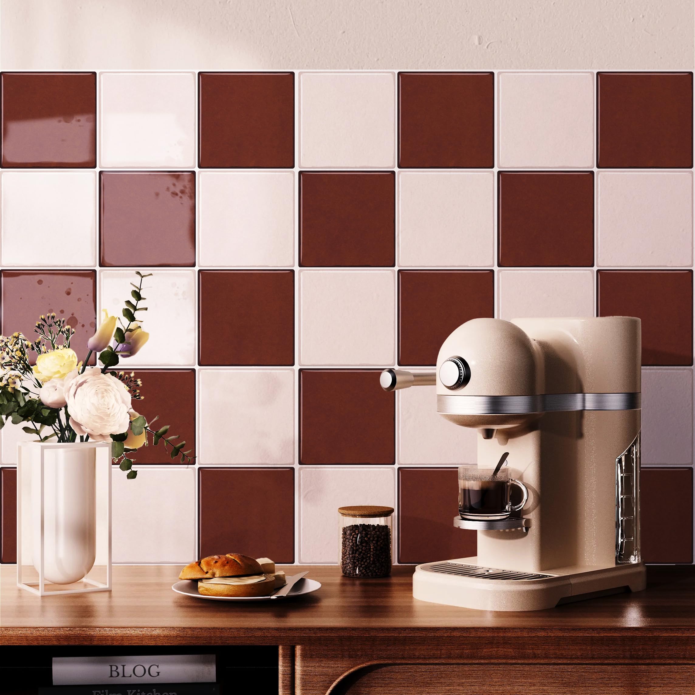 Carreaux muraux 3D imperméables pour rénover sans travaux une crédence abîmée rouge rose