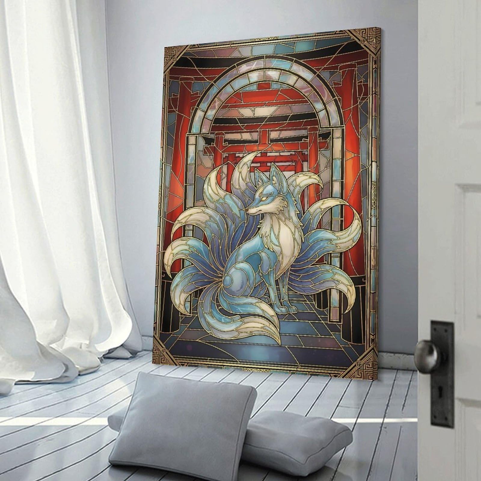 Junmoney Canvas Art Print Nine-Tailed Fox Stained Glass Art, 16x24inch(40x60cm), for Calm Bedrooms, Home Corners Or Flats, A Warm Accent for Relaxed Interiors