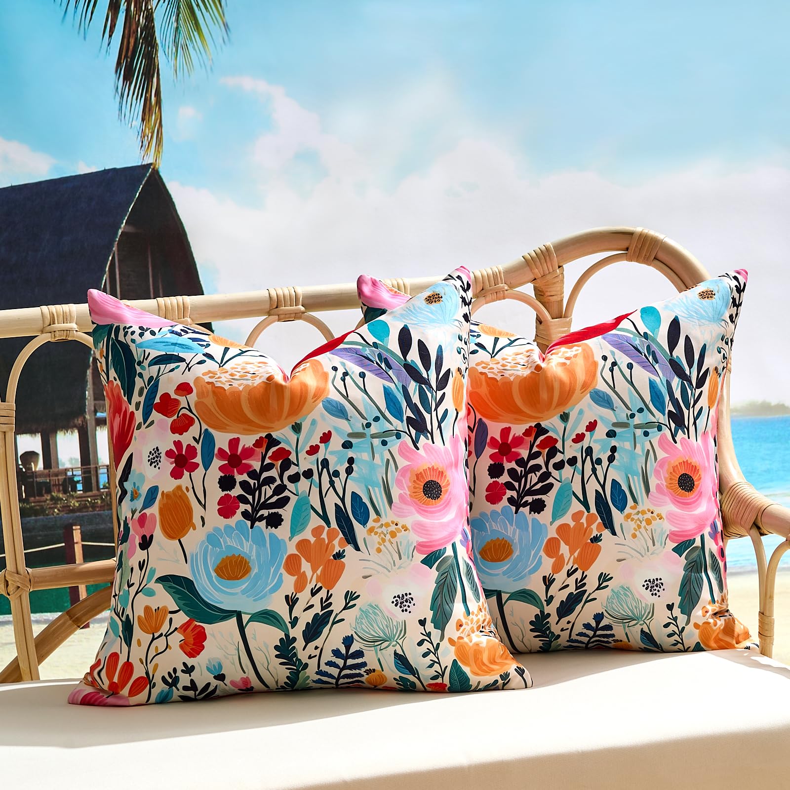 KWLET Outdoor Waterproof Throw Pillow Covers Set of 2 Floral Printed Blue Pink Orange Red Flower Pillowcase Farmhouse Outdoor Pillow Covers Square