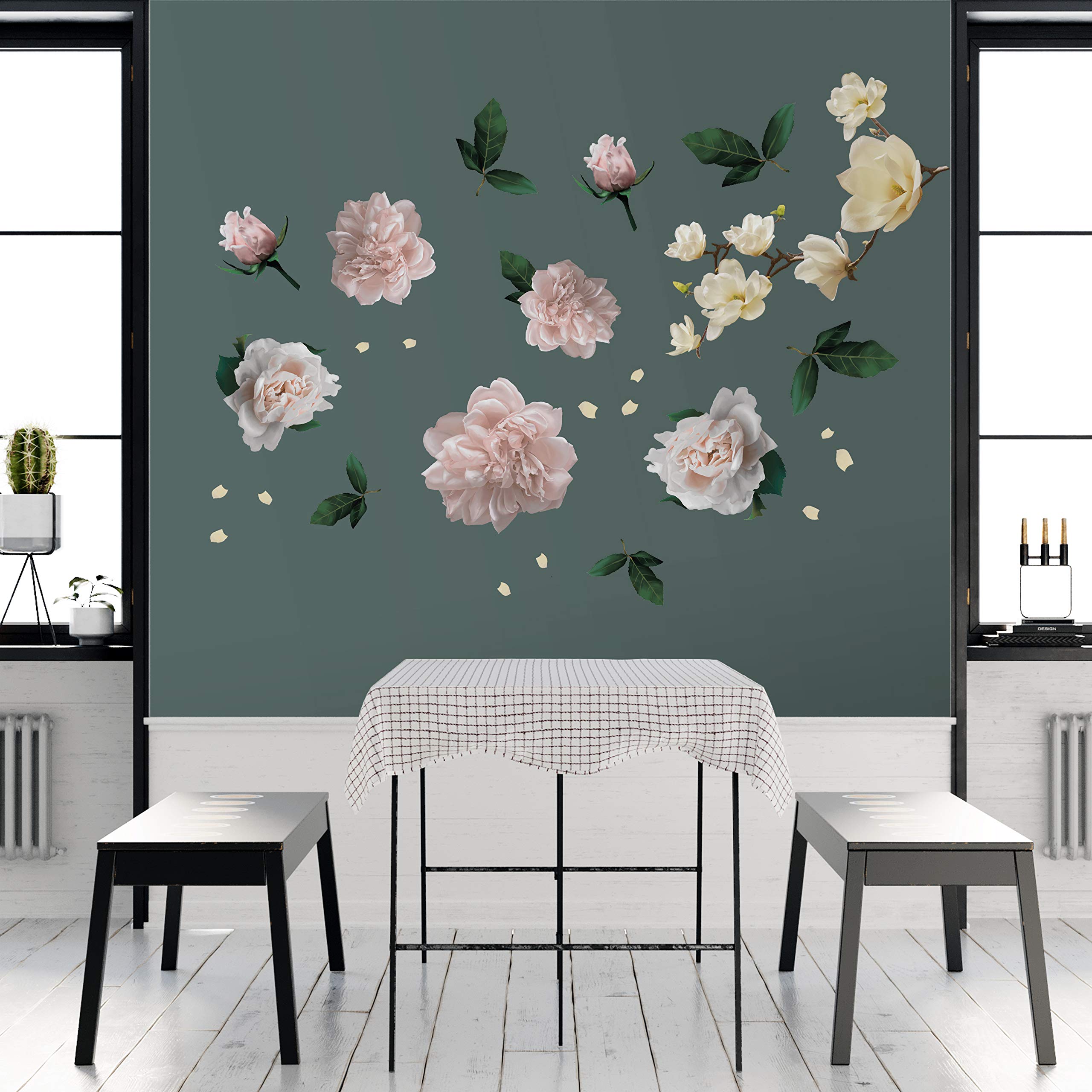 WALPLUS White Magnolia with Roses Peel and Stick Wall Stickers Self- Adhesive Decals Art Vinyl Home Living Room Office Decors DIY Kids Children Spring Easter Decoration