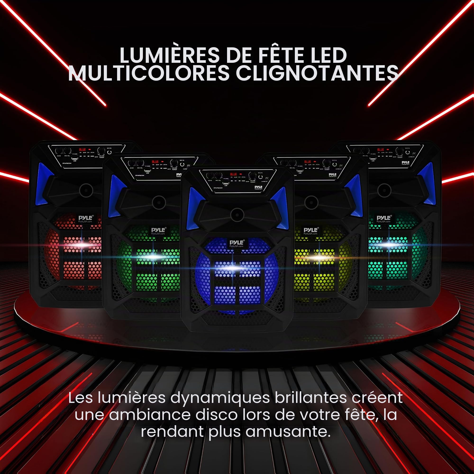 Pyle Système de Haut-Parleur Bluetooth Portable PA 400W Haut-Parleur Bluetooth Portable avec Télécommande Microphone Entrée Microphone Lumières de Fête Lecteur MP3/USB Carte SD Radio FM Roues