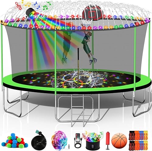 Goujxcy Tranpoline de 1500 libras para adultos 7-10 niños, 12 pies 14 pies 16 pies con aro de baloncesto, red de recinto, aspersor, bola de agua,