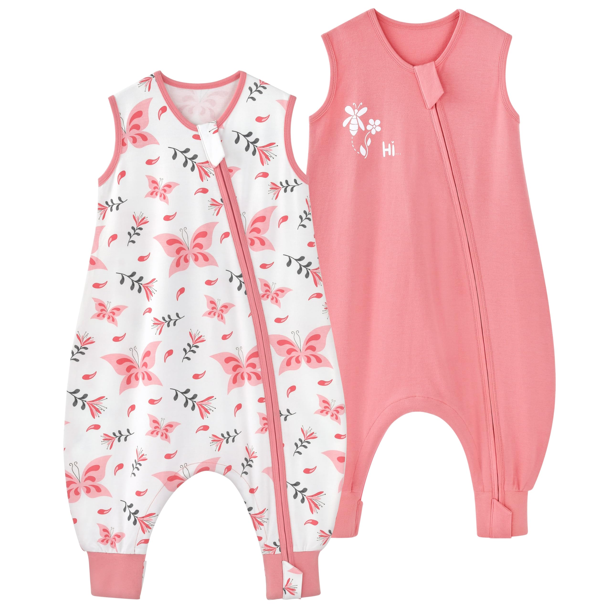 Yoofoss Baby Sleeping Bag with Leg 100% Cotton 0.5 TOG 2 Pack Toddler Sleep Sack with Feet for Walkers 2-Way Zipper Wearable Blanket for Toddler 18-36 Months Pink