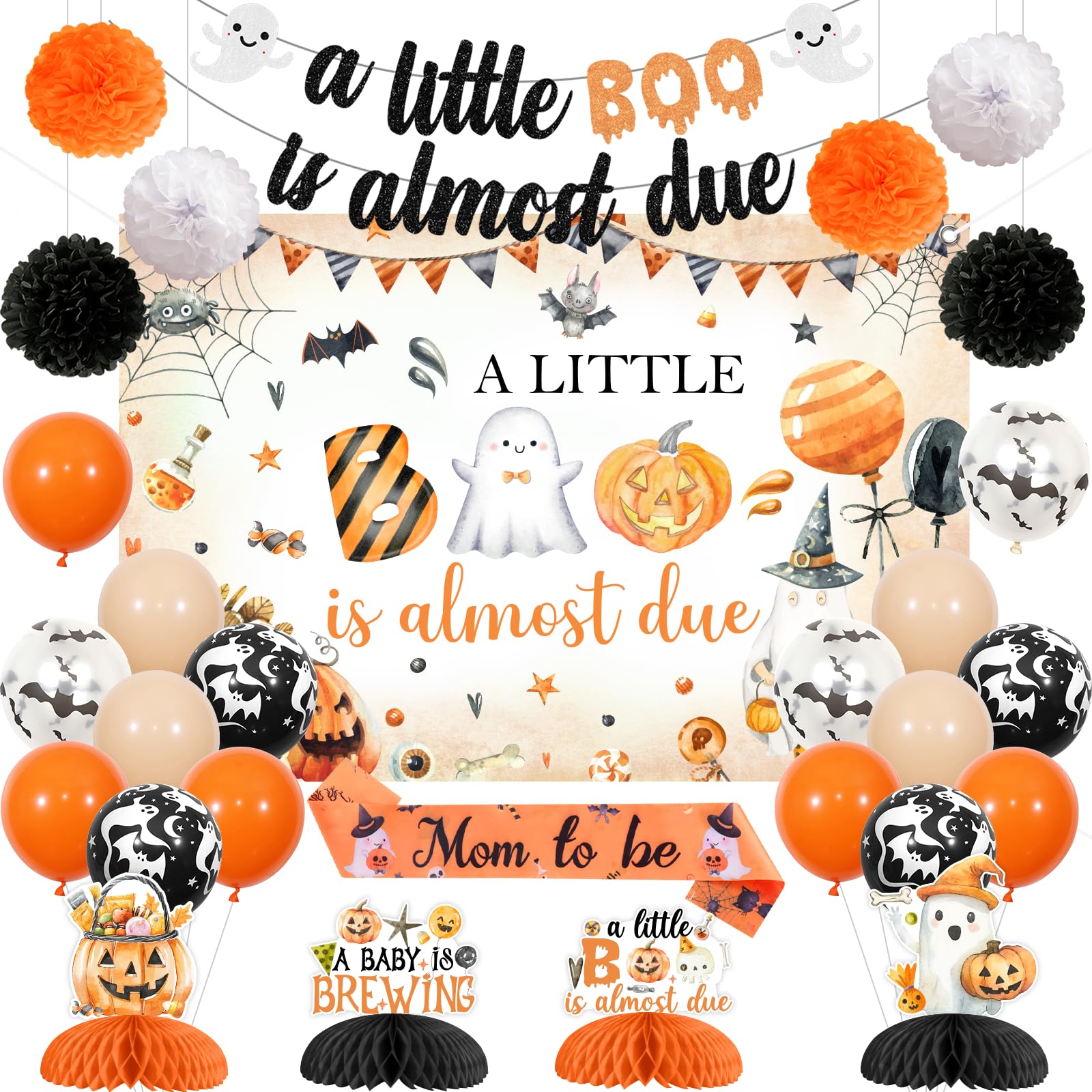 Cheereveal Decoraciones de Halloween para baby shower naranja y negro, pancarta de telón de fondo "A Little Boo Is Almost Debe", centros de mesa de panal de abeja, suministros de fiesta de revelación