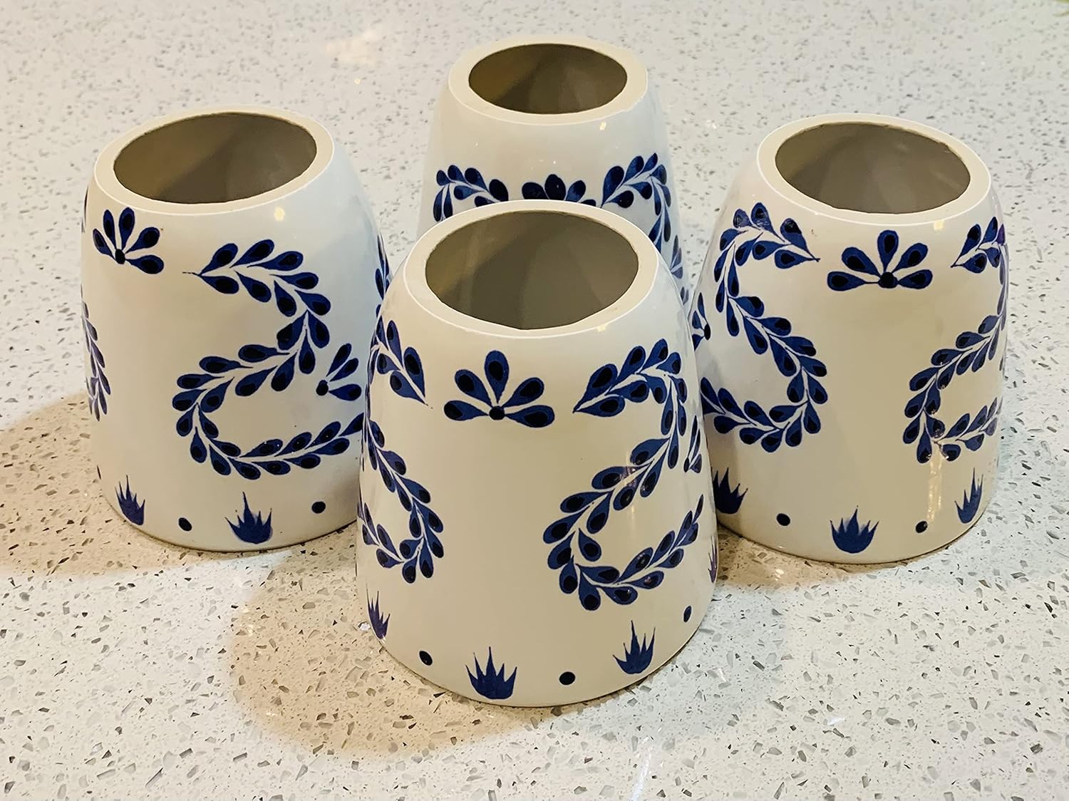 VINE RE DESIGN Set of 4 Talavera-Style Blue White Ceramic Cups Hand-Painted Artisan Drinkware Set of Traditional Mexican