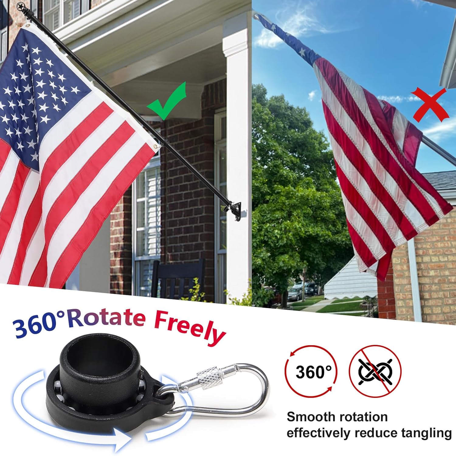 COCONUT Flag Pole, 5 FT Tangle Free Flag Pole Kit with 3x5 Embroidered USA Flag, American Flag with Pole & Heavy Duty Flagpole Holder for Outside House