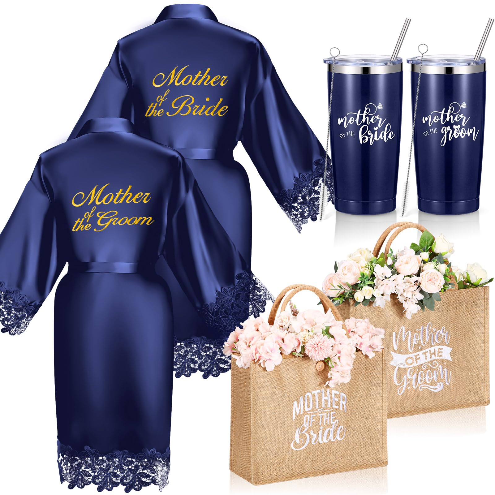 Jeyiour 6 Pcs Mother of the Bride Gifts Robe Tote Tumbler, Navy Blue