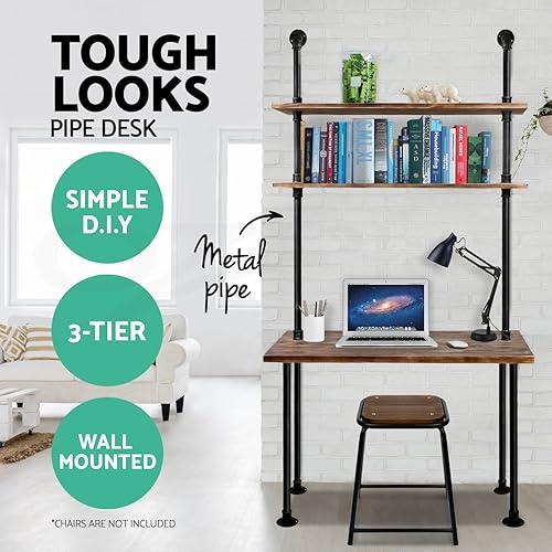 Miniatura 5 de LOKKHAN Escritorio industrial para portátil de 79 pulgadas, escritorio de madera maciza, escritorio de pared con estantes, mesa de computadora para