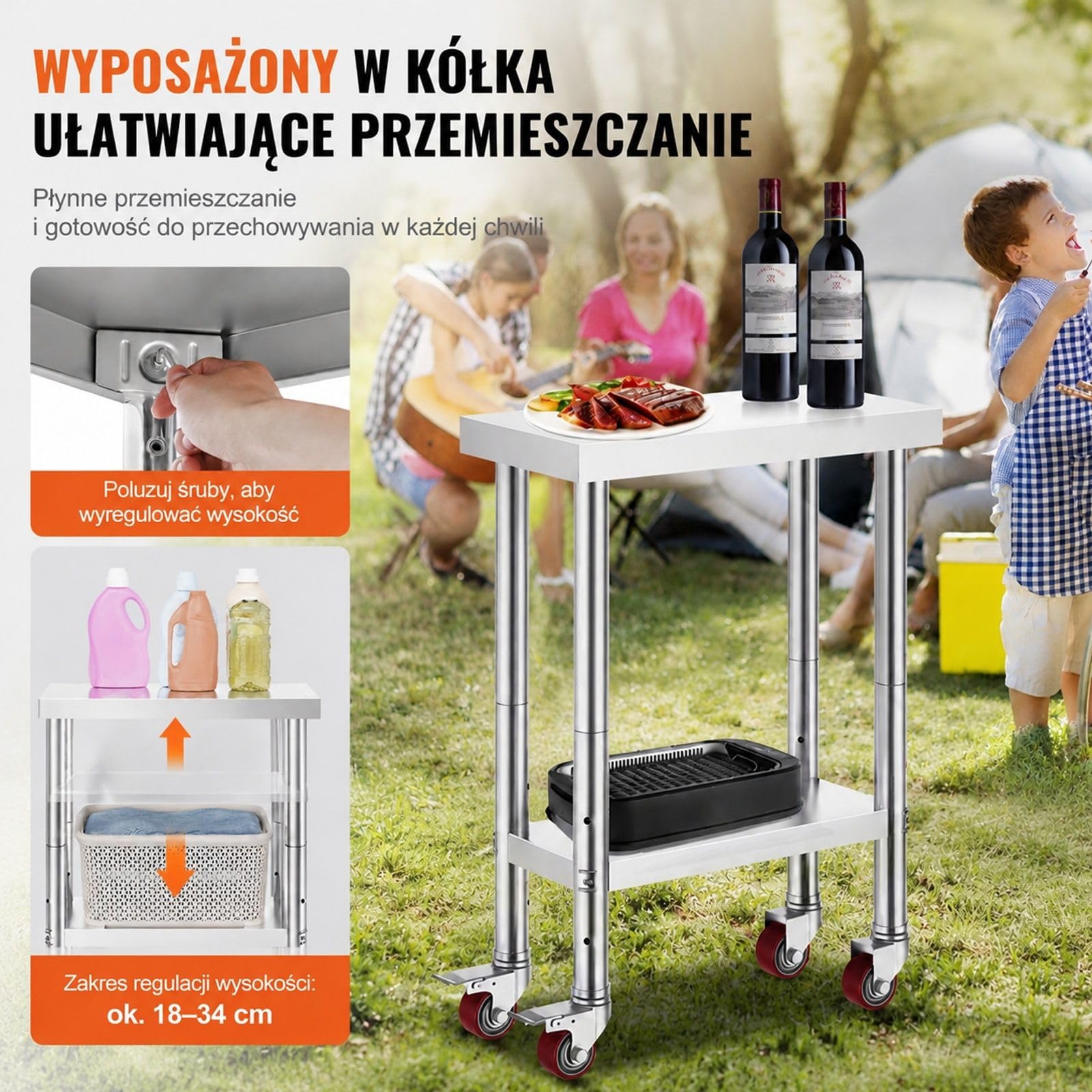 Stół roboczy ze stali nierdzewnej na 4 kółkach z regulowaną dolną półką do kuchni i warsztatu