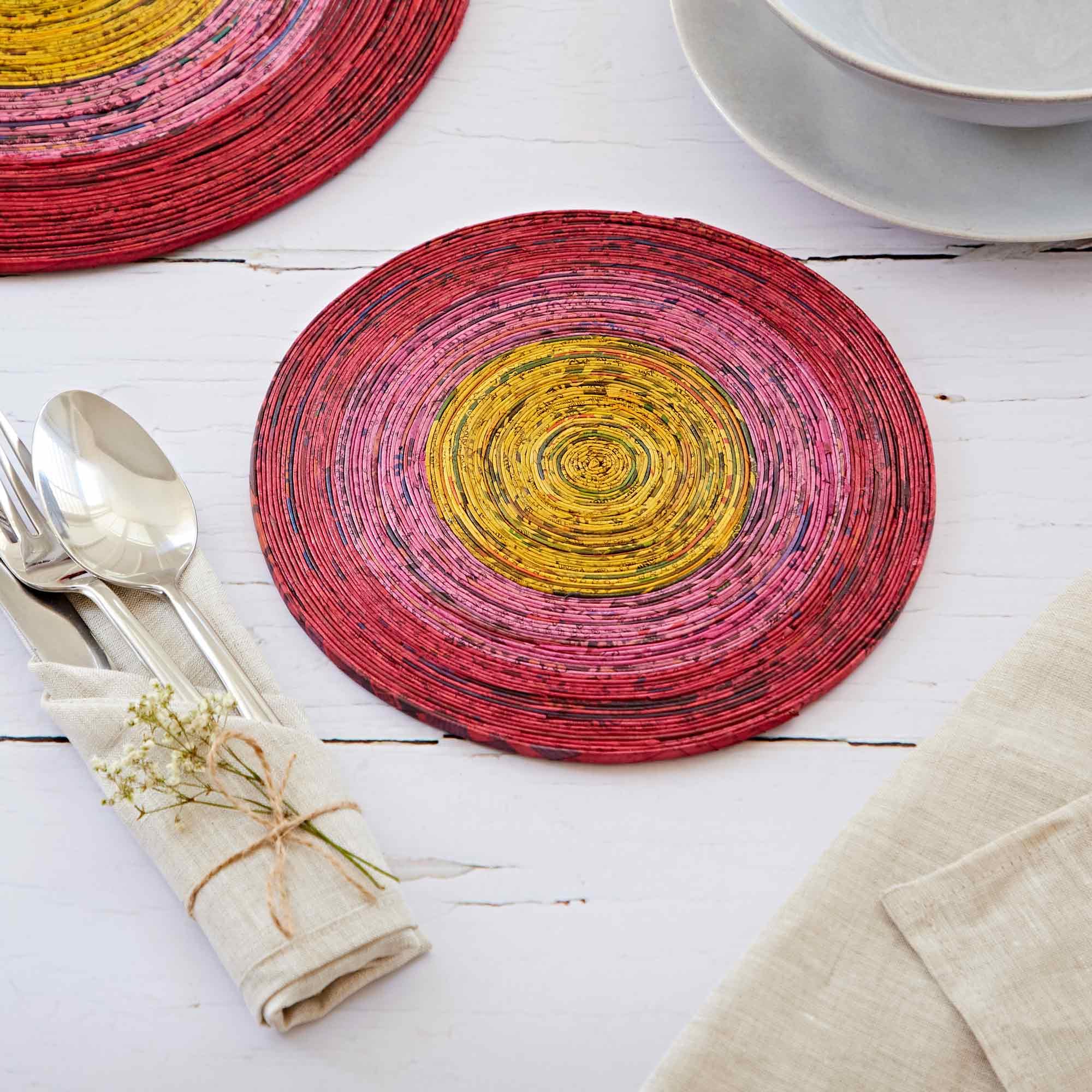 Recycled Newspaper Round Placemats - Red/Pink/Yellow | Small | Sustainable Placemats | Handmade Colourful Placemats | Fair Trade Gifts for Men and Women