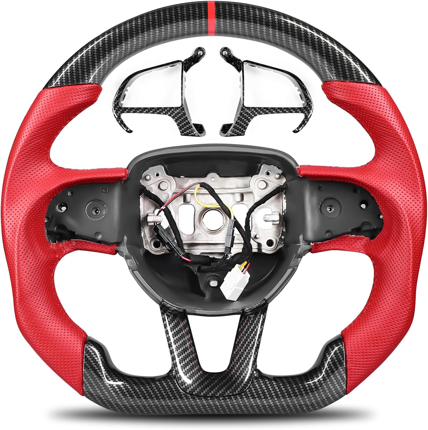 Heated Hydro-Dip Carbon Fiber Steering Wheel compatible with Dodge Challenger & Charger (2015-2024), Red Nappa Leather Grip, D-Shape, Includes Trim Cover