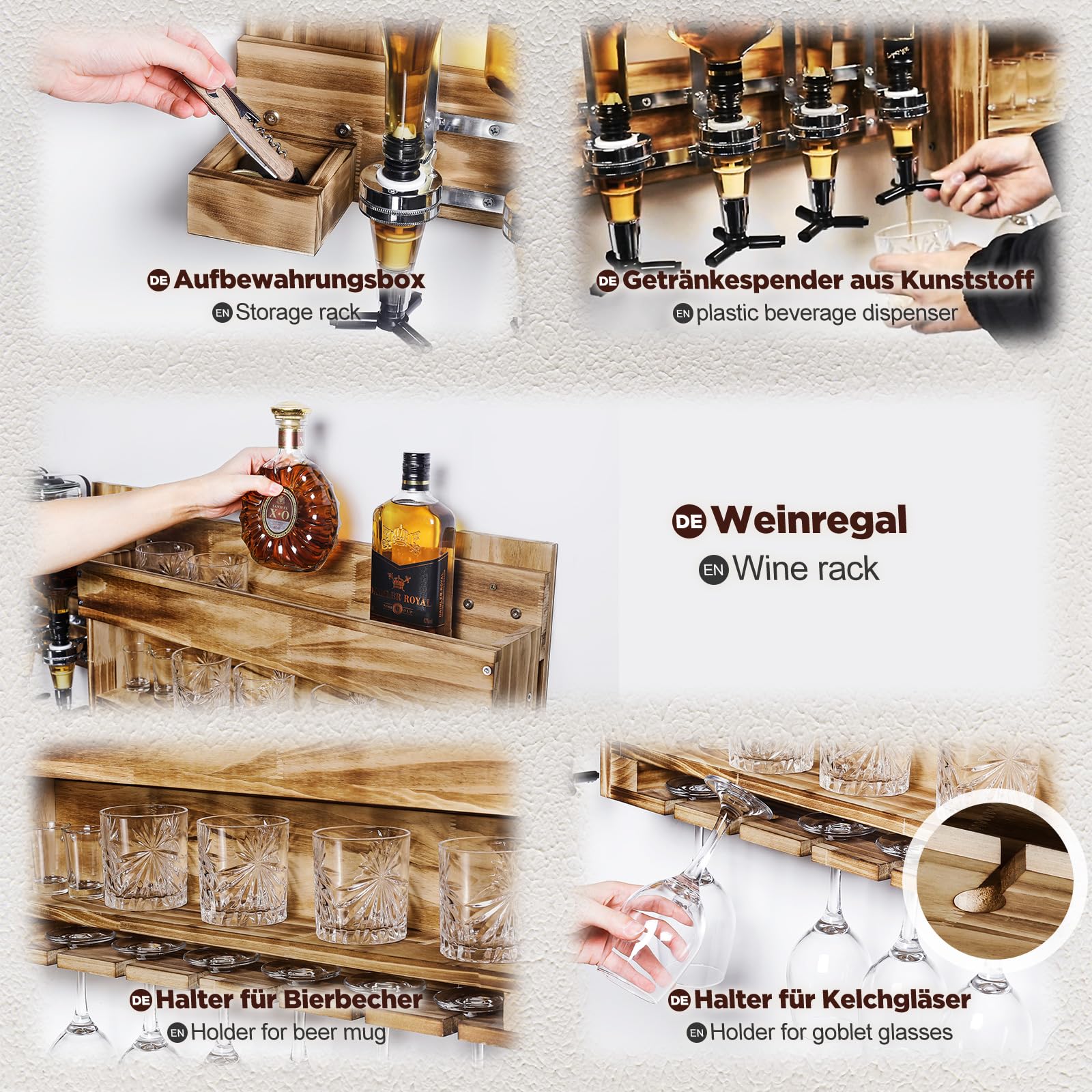 Yorbay Weinregal Palette beflammt Holz, Wandbar mit 4 Getränkespender Wand Flaschenhalter, Vintage, Geschenk (Regulär ohne LED)