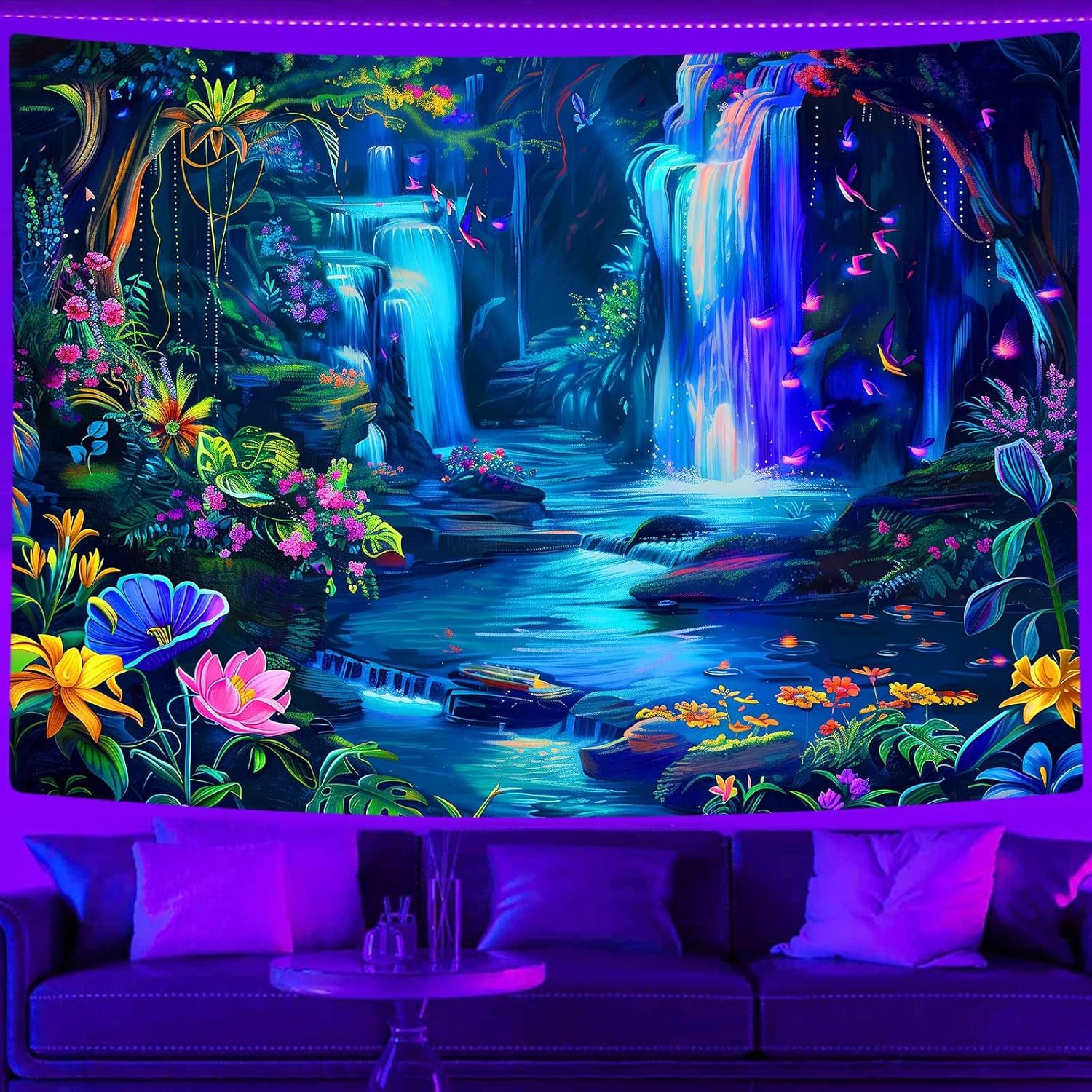 MERCHR Blacklight Fantasy Forest Mountain Landscape Wall Art UV Reactive Hippie Bohemian Magic Flower Floral Wall Hanging for Bedroom Living Room 80x60 Inch, Purple