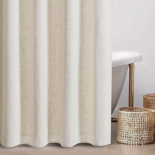 Miniatura 7 de BOODII Cortina de ducha de lino neutro, cortina de ducha de estilo bohemio con ganchos, decoración de baño, tela de arpillera ponderada negra, tela