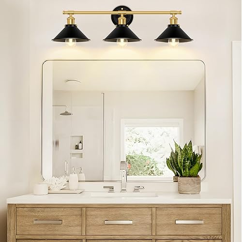 Miniatura 6 de Licperron 3 lámparas de iluminación de baño negras y doradas, luces de pared de tocador de granja sobre espejo con pantalla de metal, lámpara de