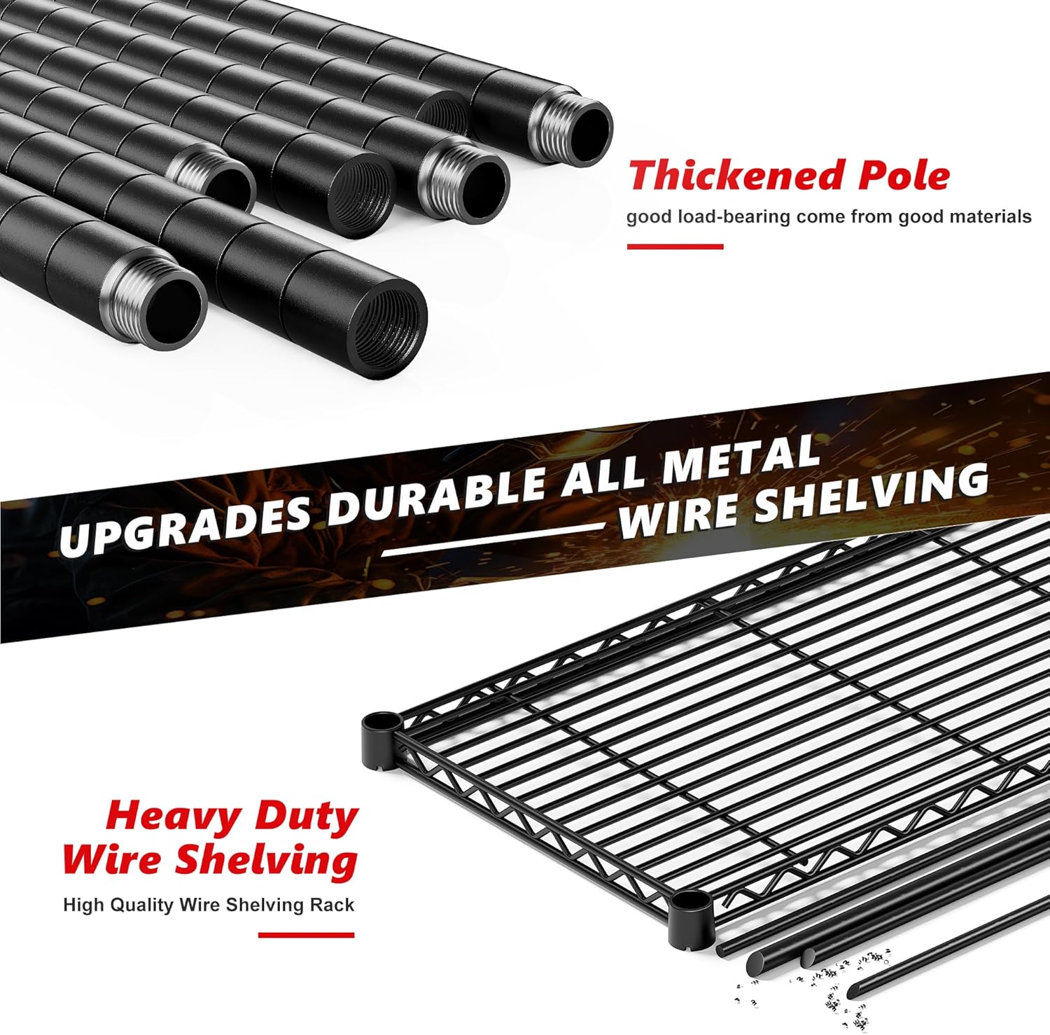 Diagram showing three steps for simple installation of the wire shelving unit