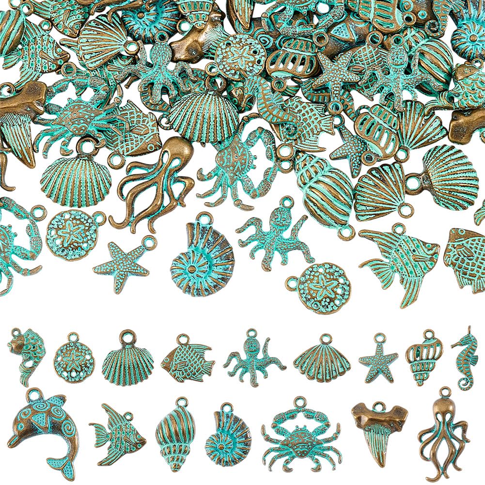 PH PandaHall 64Pcs 16 Styles Ocean Theme Charm Sea Life Charms Bulk Antique Bronze Turquoise Color Ocean Animal Vintage Fish Charms for DIY Jewelry