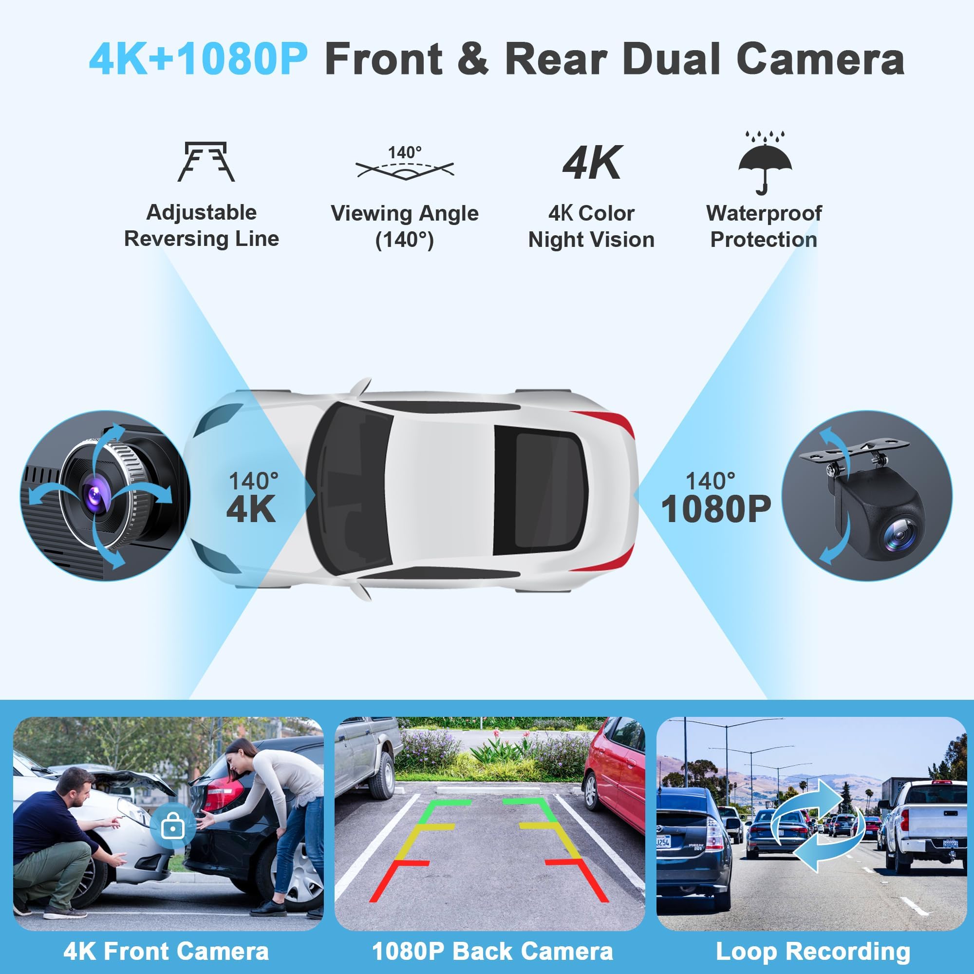 Wireless Car Stereo,9 Inch CarPlay Screen for Apple Car Play & Android Auto,Portable Touch Wireless Car Play Screen Mirror Link Music Video Player, with 4K Front+Rear 1080P Dual Camera Dash Cam — view 2