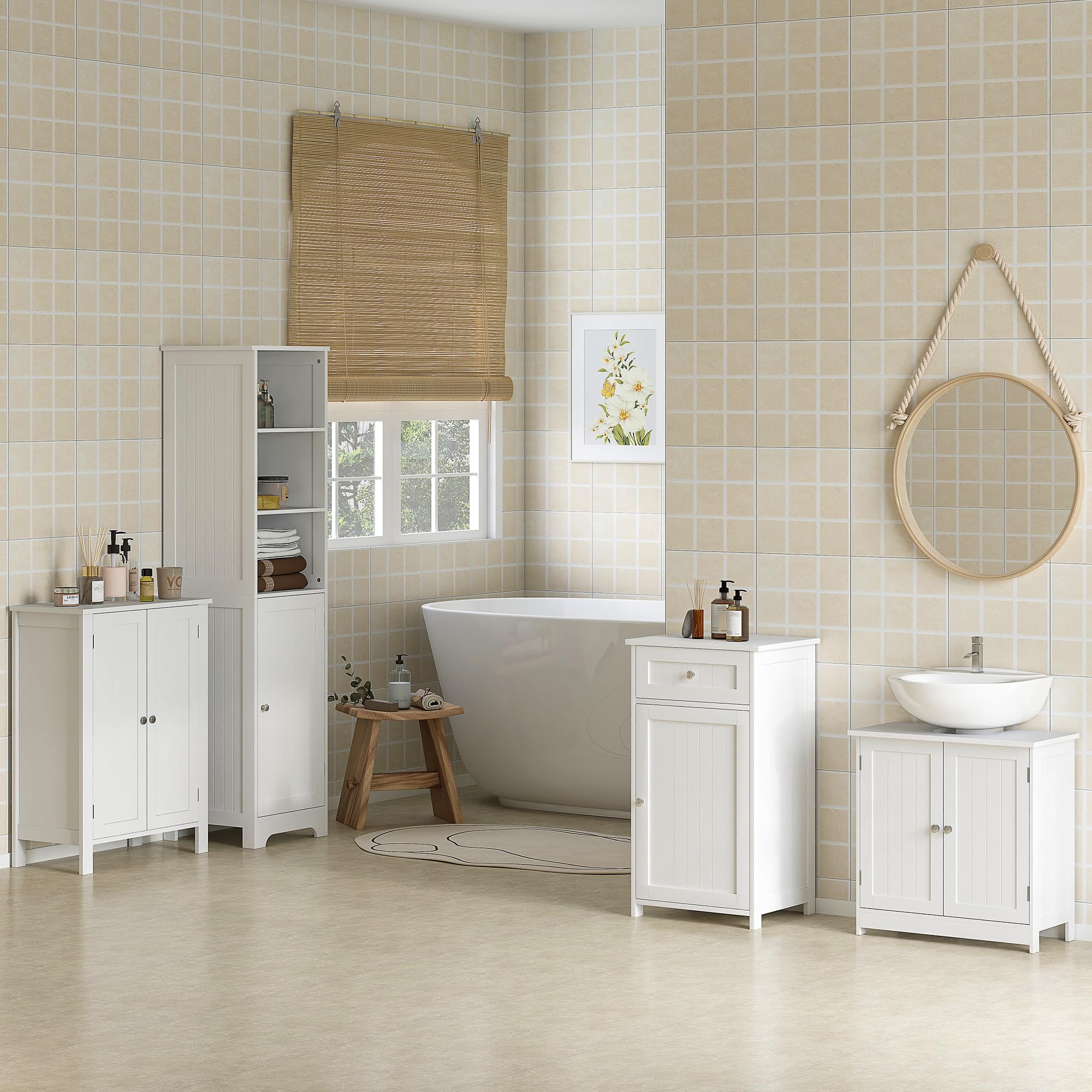 HOMCOM Mueble bajo Lavabo 2 Puertas con o sin Pedestal 60x30x60 cm Blanco | Mueble de Baño, Estante Ajustable, Armario de Baño para Lavabo, Estilo Moderno