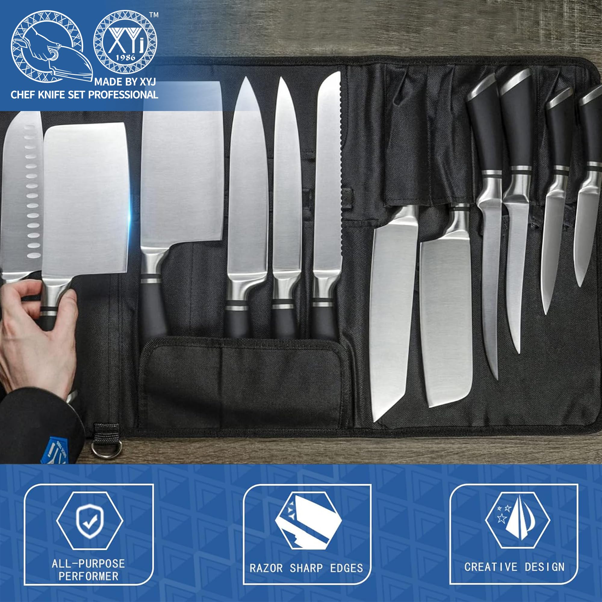 XYJ Professional Knife Set per Maestri Chef, 12-pcs Chef Knife Set con Sacchetto, Fodero, Culinary Kitchen Macellaio Coltelli, Cottura Taglio, Santoku, Utility, Frutta, Acciaio Inox