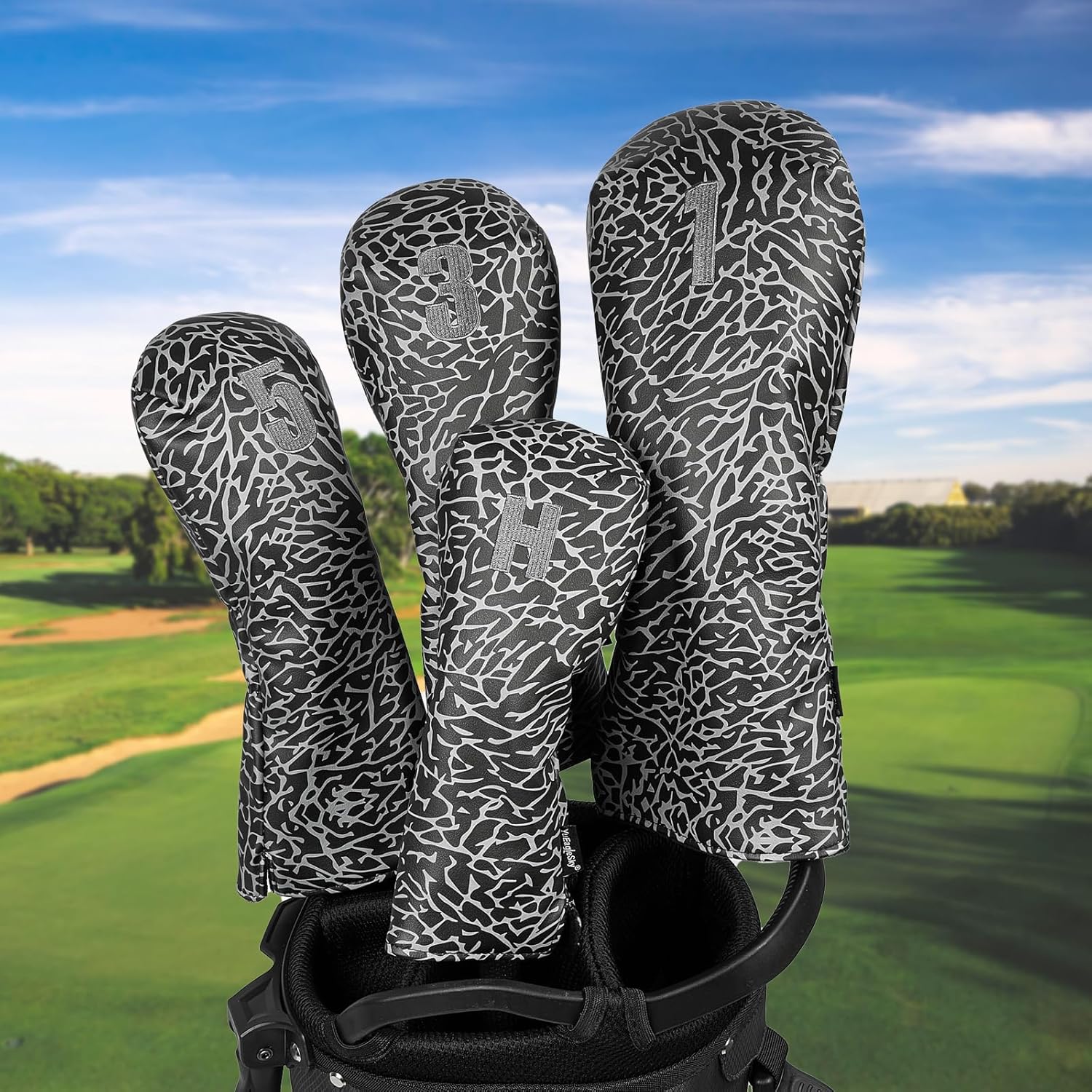 Golf Driver Head Covers 3-Pack for Men & Women - Premium PU Leather with Elephant Embroidery, Double Elastic Band (Driver/Fairway/Hybrid), Waterproof & Durable - White Grey or Black Grey
