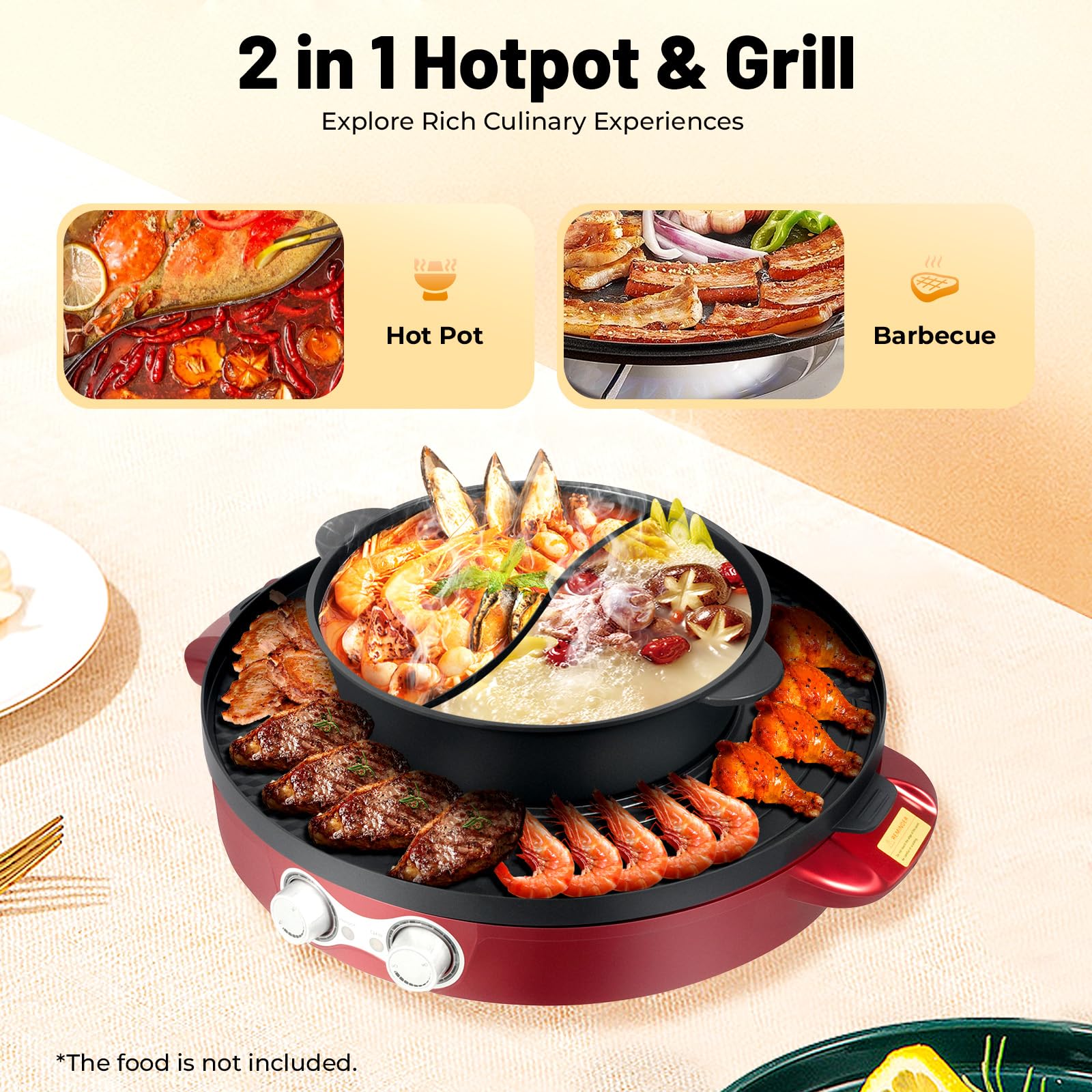 Hot Pot - Pentola elettrica 2200 W, con griglia e divisorio, multifunzione, 2 lati, antiaderente e griglia da tavolo, 2 in 1, per 2-8 persone, colore rosso, 52 x 18,5 cm
