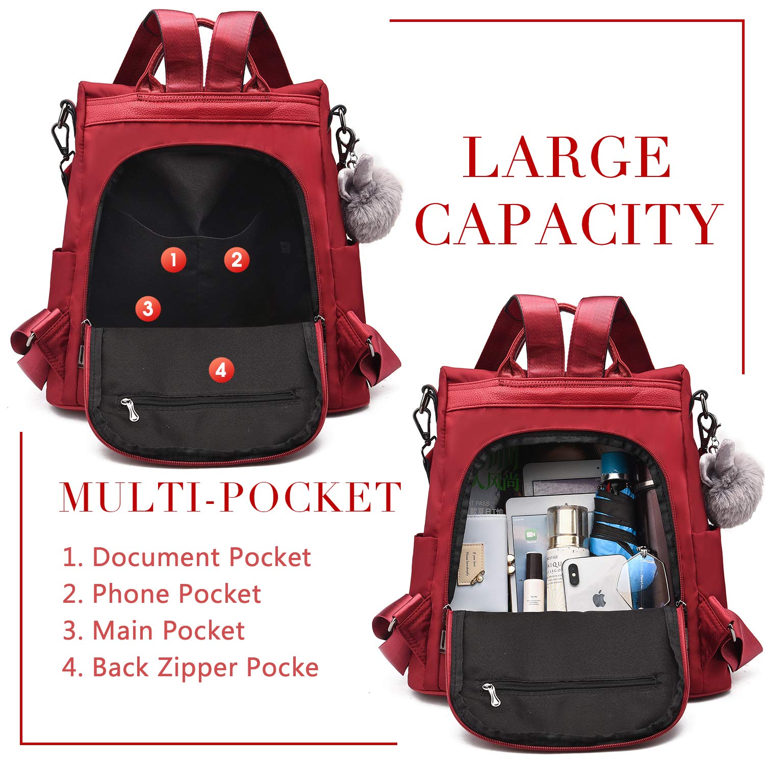 Charmore Zaino da Donna Antifurto Borse Nylon impermeabile Daypack Spalla per Viaggio Lavoro Scuola