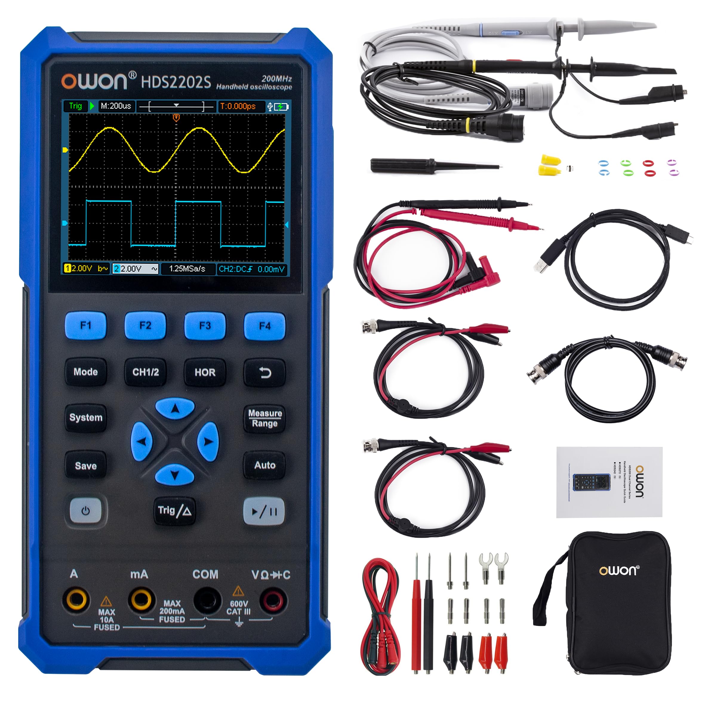 HDS2202S OWON Oszilloskop 3 in 1 Handoszilloskop 200MHz Bandbreite 1GS/s Abtastrate + 4 1/2 Stellen Multimeter+ 25MHz Signalgenerator 3,5" LCD mit einstellbarer Helligkeit