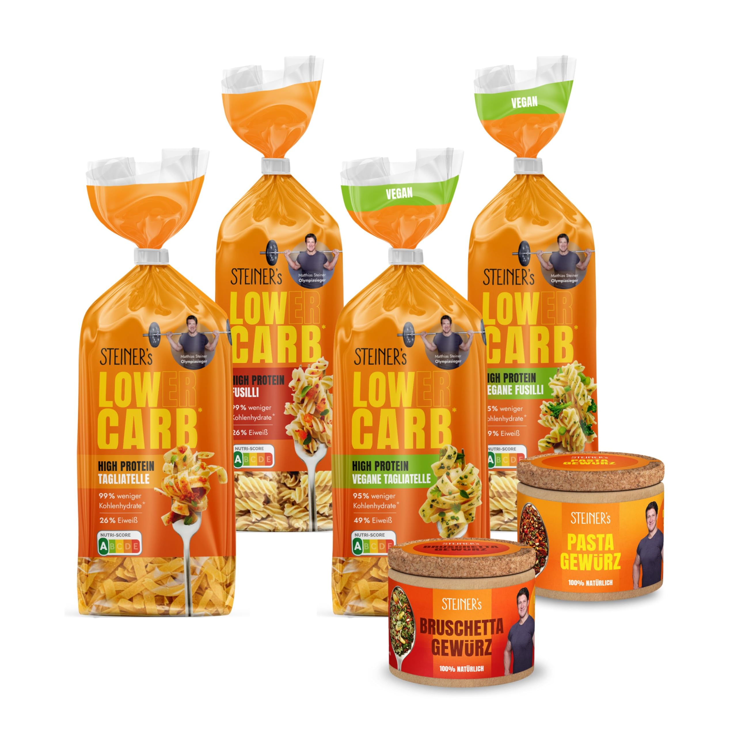 STEINER’s Low Carb High Protein Pasta Party Box | 95-99% weniger Kohlenhydrate | Pasta Set | Inkl. Fusilli & Tagliatelle, Pasta Gewürze & Bruschetta Gewürzmischung