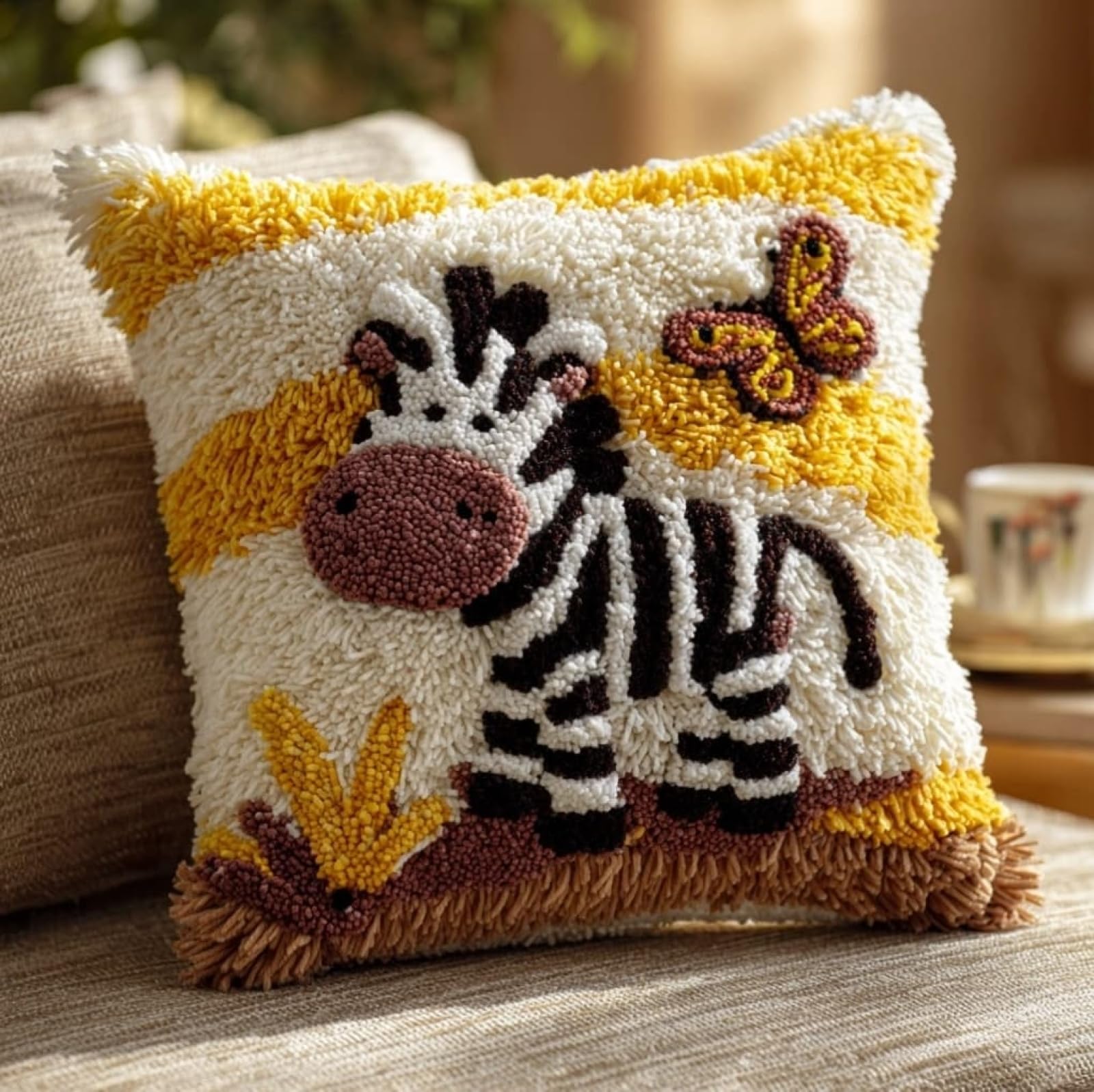 AxiangziK Latch Hook Pillow Case Kits,Zebras and Butterflies DIY Latch Hook Cushion Kits Beginners Adults Children Gift Embroidery Home Decoration,17x17inch