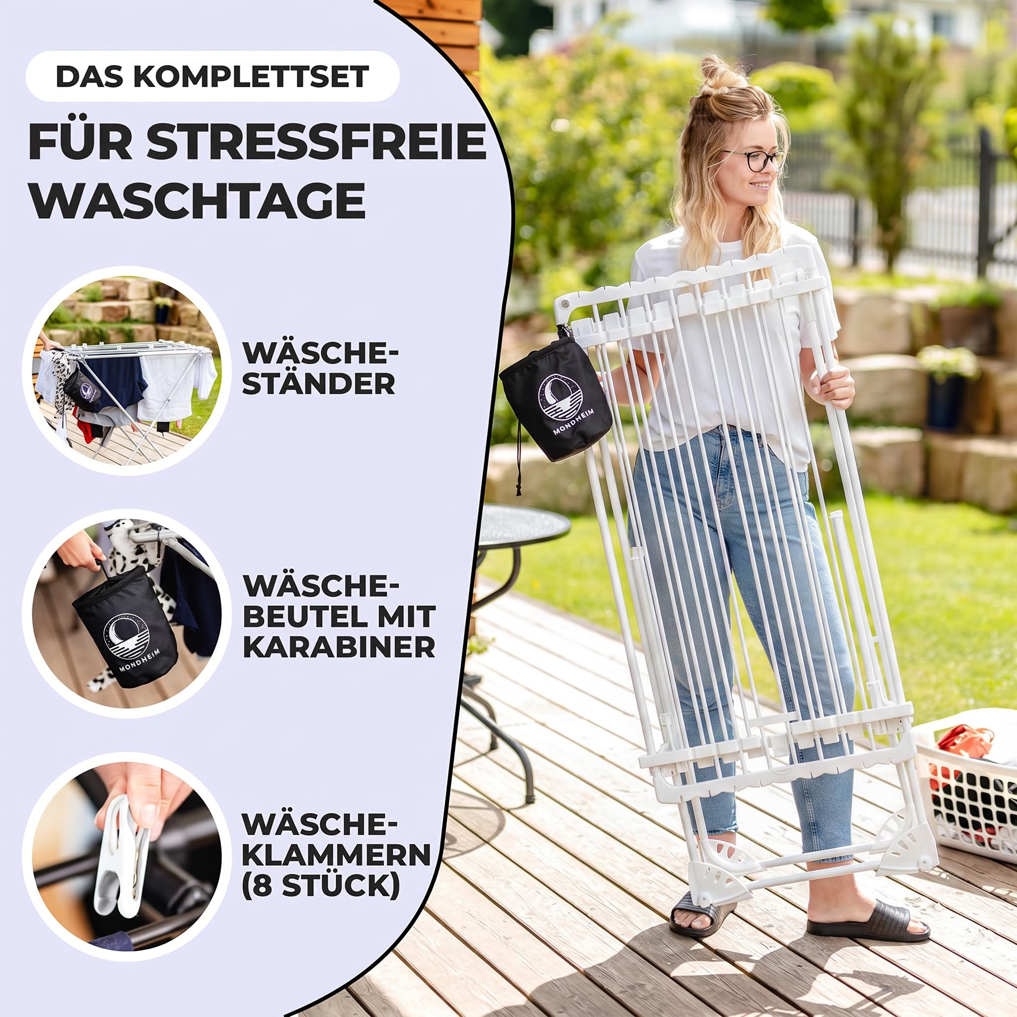 MONDHEIM® Obsidian | XXL Teleskop Wäscheständer 26M TROCKENLÄNGE | abnehmbare Querstrebe | Flügelwäscheständer platzsparend | nutzbar für Balkon oder Terasse (Weiß)