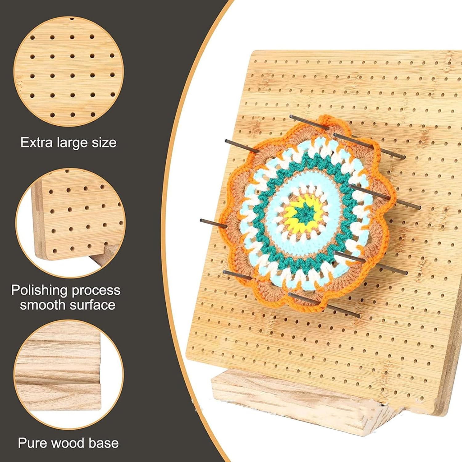 Crochet Blocking Board, 6 Pins 3mm Hole Blocking Board for Crocheting Knitting, Bamboo Granny Blocking Boards for Crochet Projects, Wooden Crocheting Accessories Gifts (L)