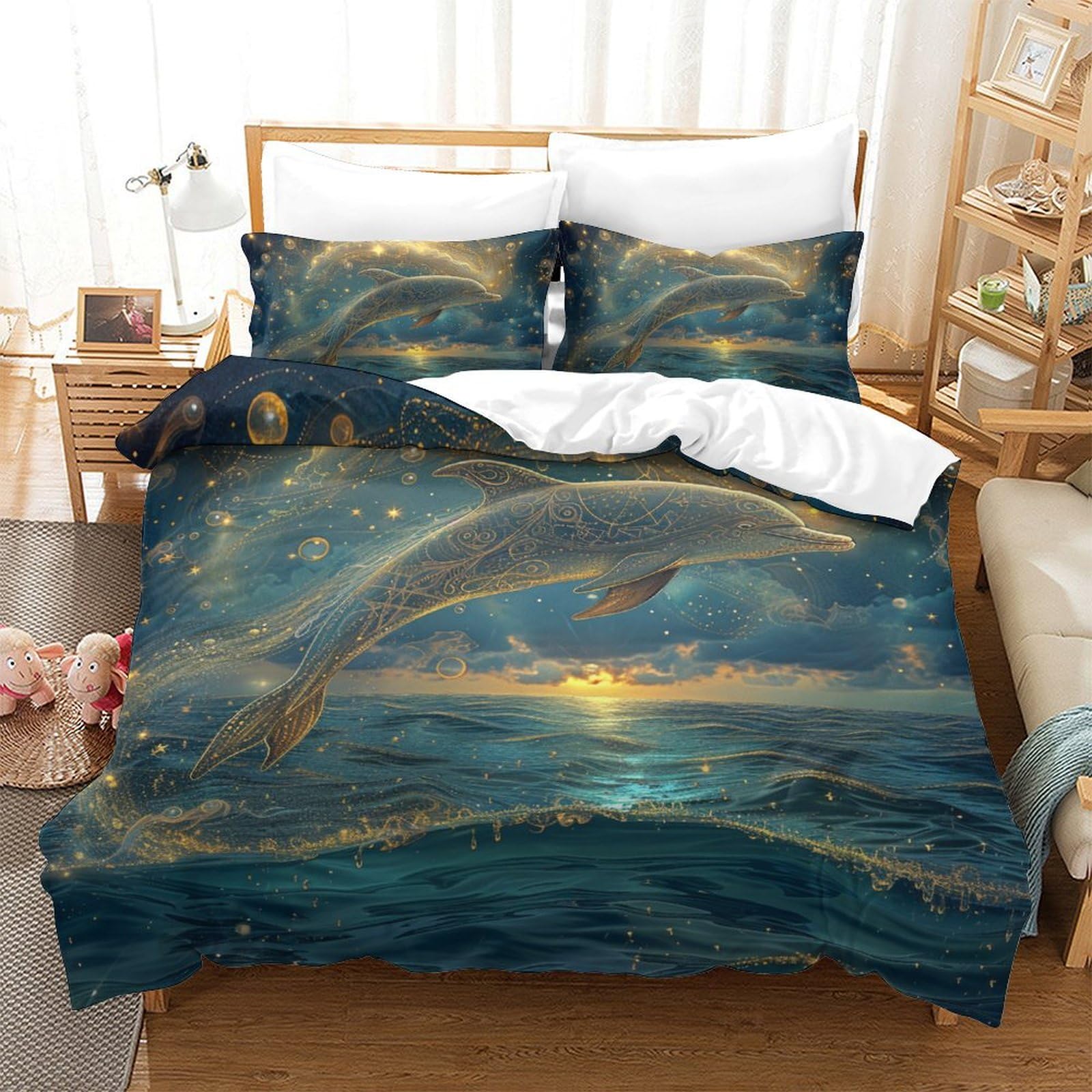Housse de couette dauphins 3D anti-plis avec fermeture éclair pour lit king size