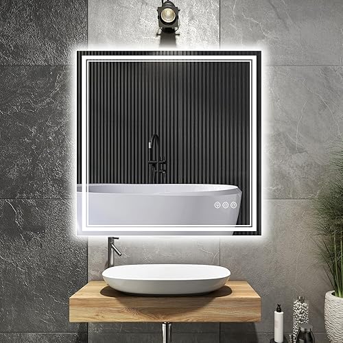 Espejo de baño LED de 30x30 pulgadas con iluminación frontal y trasera (control independiente), espejo iluminado para pared de baño con 3 colores