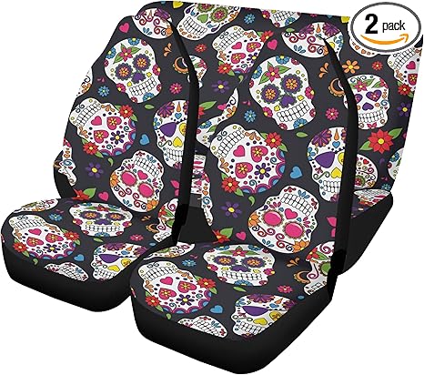 Dia de Los Muertos Sugar Skull Car Seat Covers and Floor Mats – Colorful Mexican Calaveras Auto Interior Set for Festive Vehicle Upholstery and Carpet Protection (2pcs Front mats)