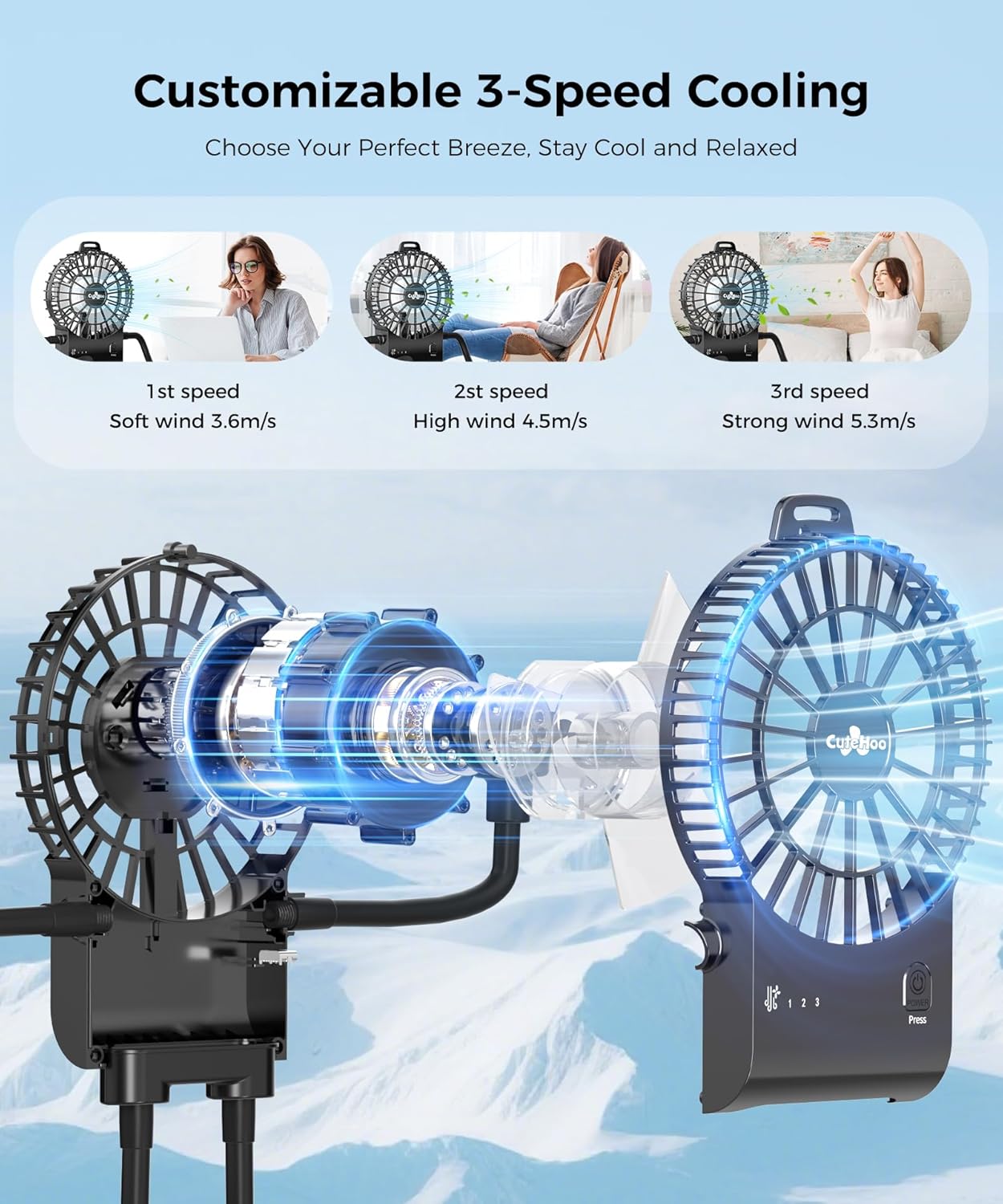 Portable Robot Fan Man, Desk Fan Rechargeable with Suckers, Small Fan for Office, Home, and the Outdoors