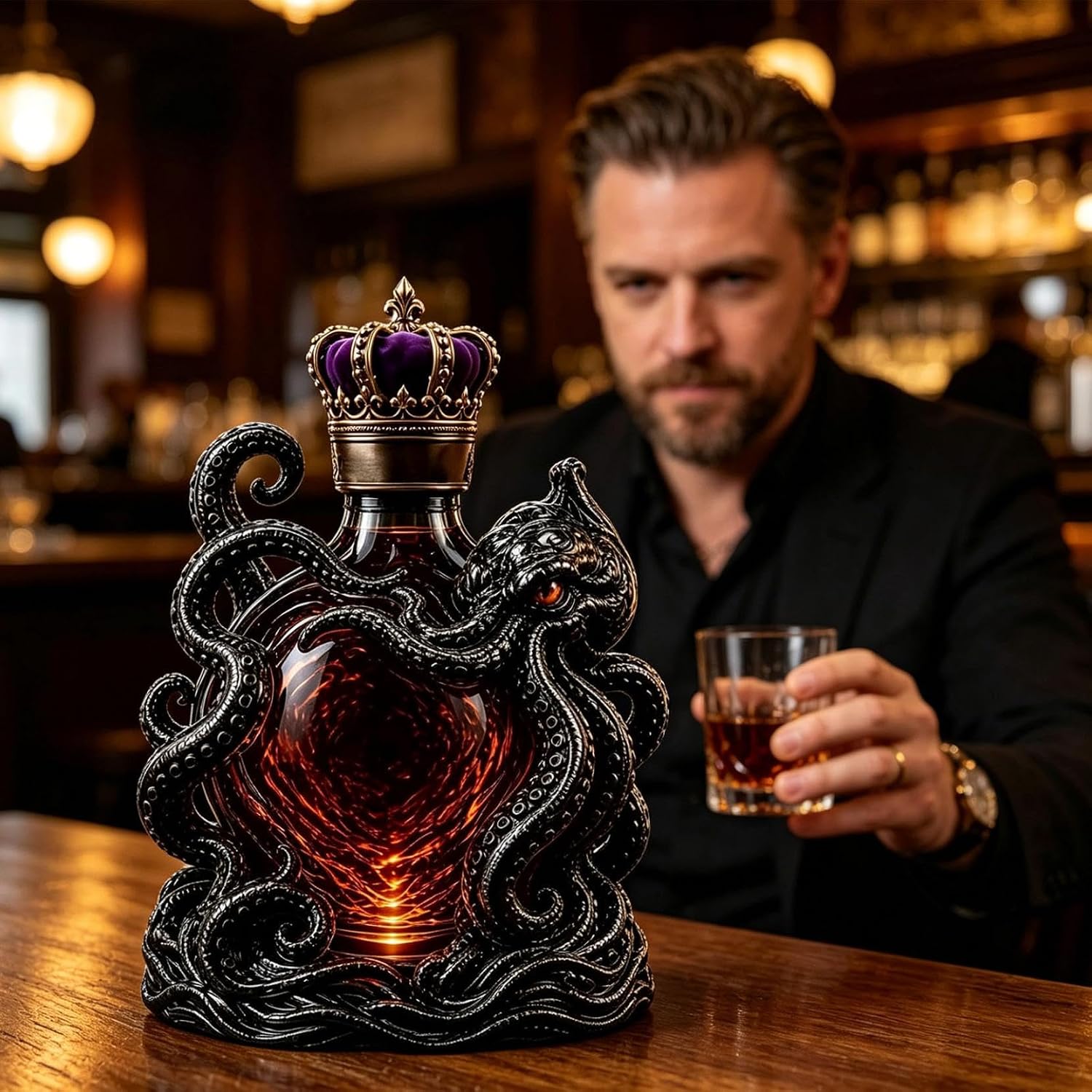 3D Octopus Decorative Liquor Bottle with Lid, Clear Glass Wine Decanter, Nautical Deep Sea Art Craftsmanship for Home Bar Display, Gothic Sea Glass Design, Unique Gift for Wine & Spirit Lovers