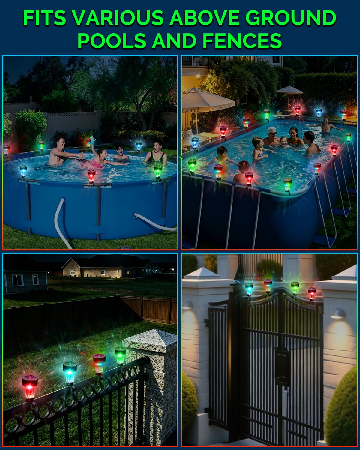 Lustaled 7 farbwechselnde Solar Poolbeleuchtung für Frame Pools 6 Stück | Wasserdicht Dämmerung bis Morgengrauen LED Solar Teichbeleuchtung Für Outdoor Pool Garten Zaun Terrasse