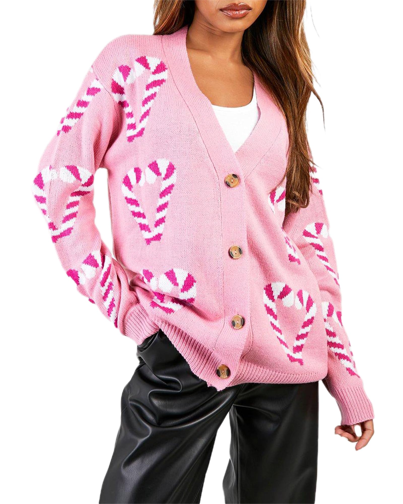 Women Christmas Knit Cardigan Gingerbread Candy Cane Graphic Button Down Sweater Loose Open Front Knitted Outerwear