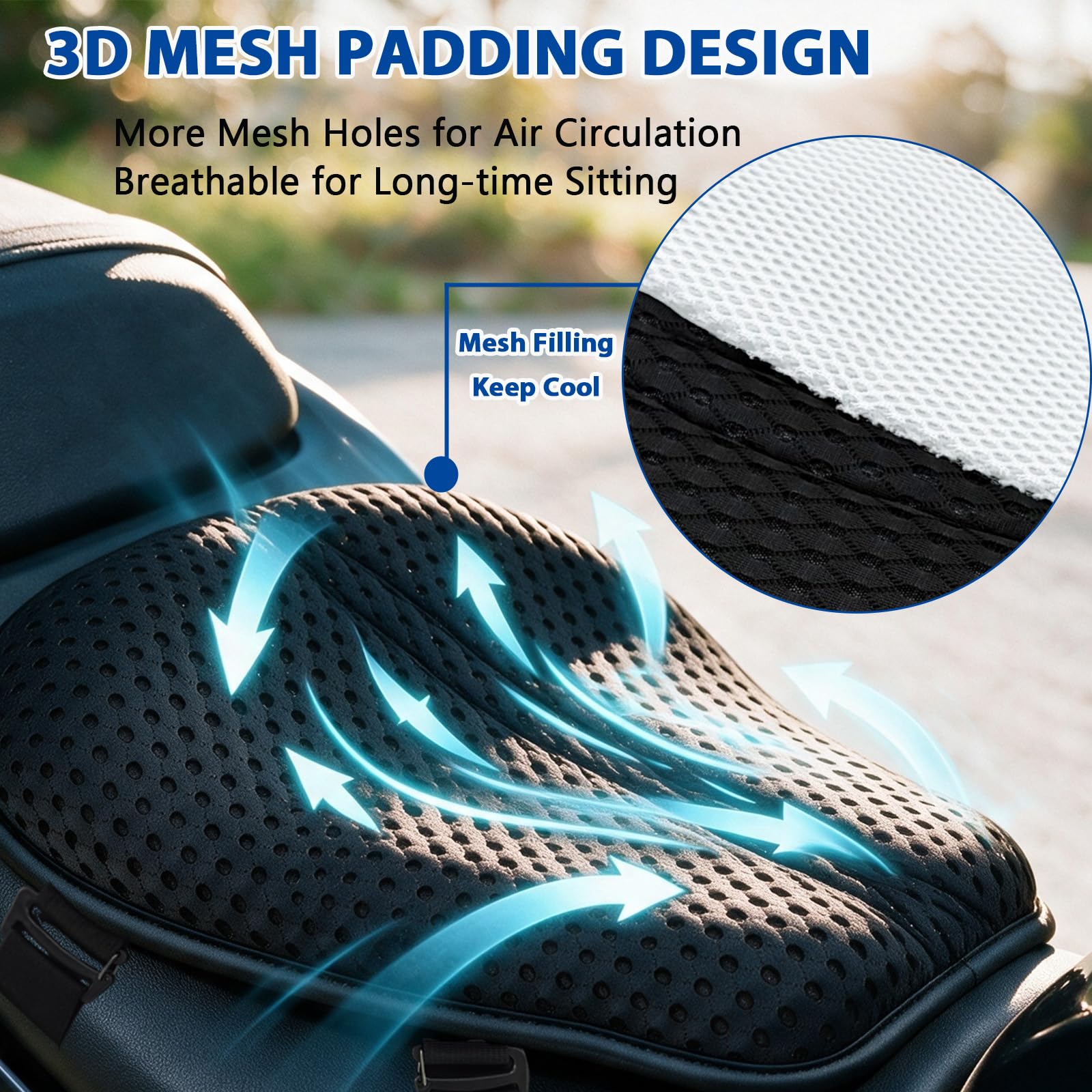 AEROiVi Motorrad Sitzkissen Pad mit 3D Air Mesh Atmungsaktiv Waschbar Stoßdämpfung Stop Hot Seat