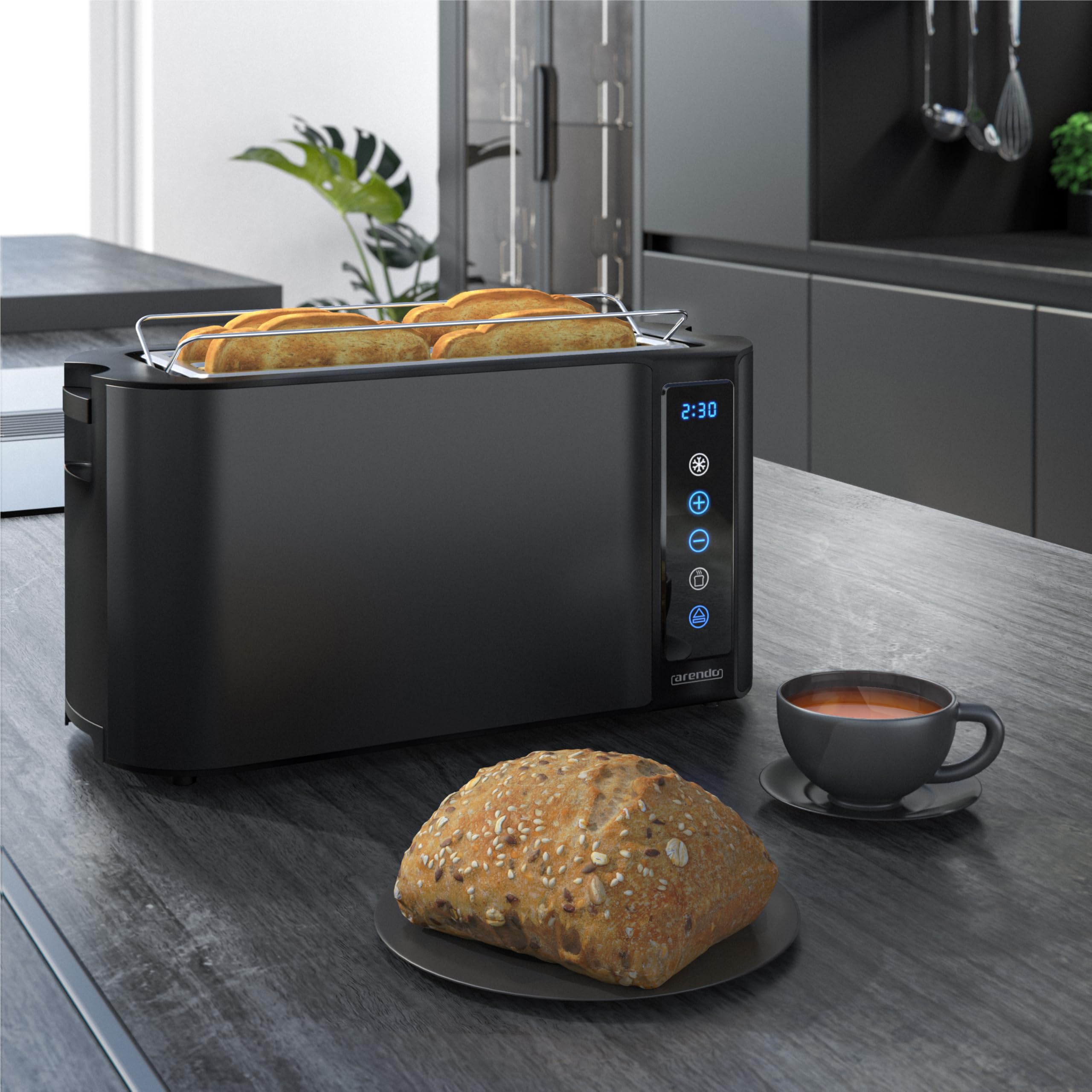 Arendo Tostapane 4 fessure lunghe 1500 W, display touch, doppio guscio, supporto per brioche, 7 livelli di tostatura, centratura e display del tempo rimanente, funzione memoria