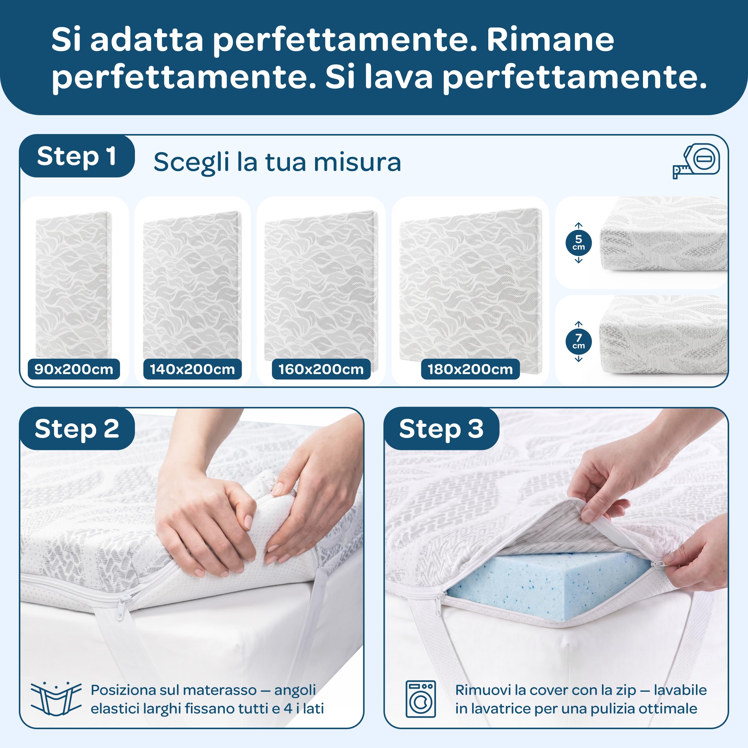 DOLCISOGNI Topper 160x200 Memory Foam Gel Rinfrescante | H2/H3 Topper Matrimoniale con Rivestimento Silver Yarn Antibatterico | Coprimaterasso Rinfrescante | 5cm Altezza