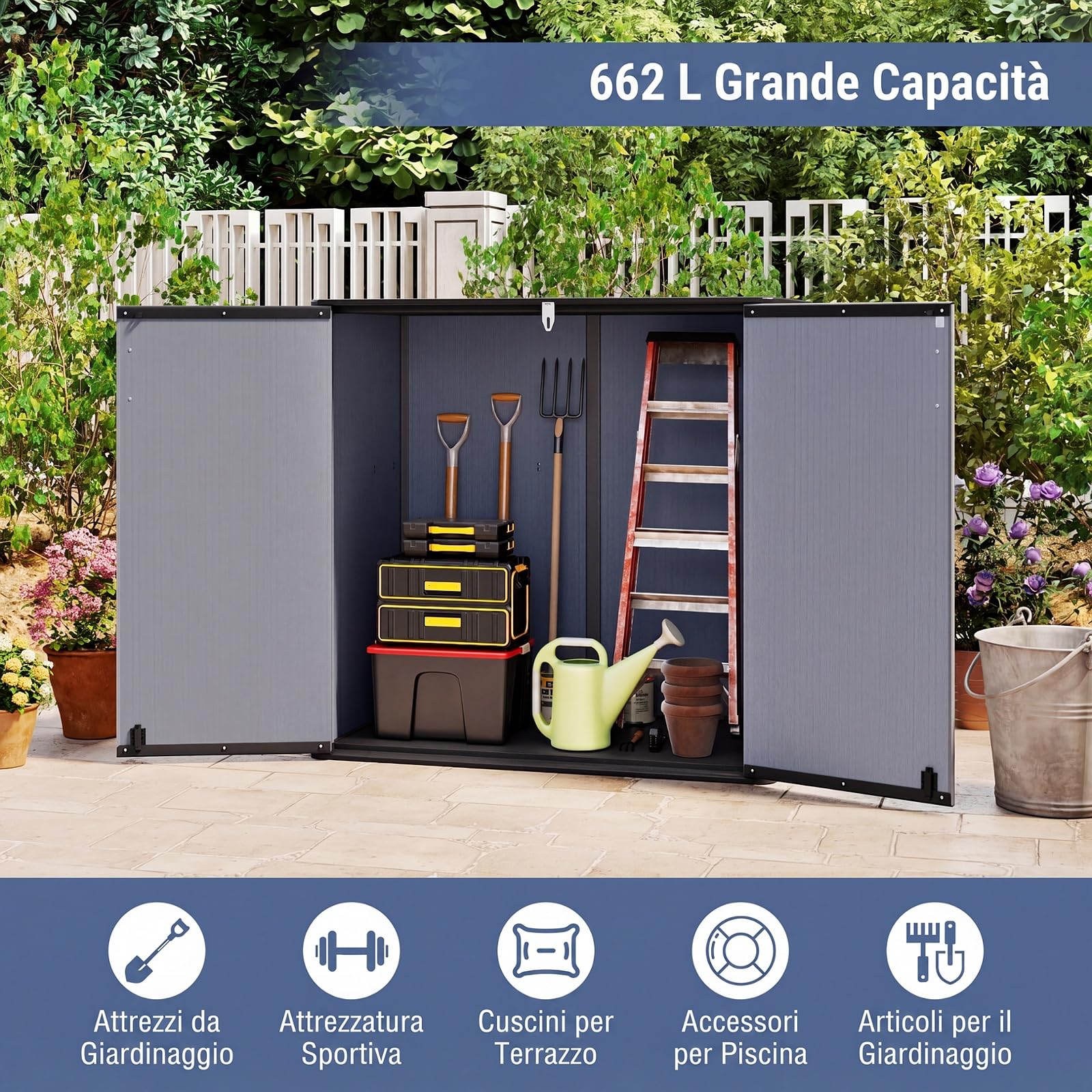 COSTWAY Armadio da Esterno e Interno Impermeabile, Mobile Contenitore per Attrezzi in Plastica PP e HDPE con Porta con Serratura e Tetto scanalato di Drenaggio, 120 x 65 x 117 cm (Grigio)